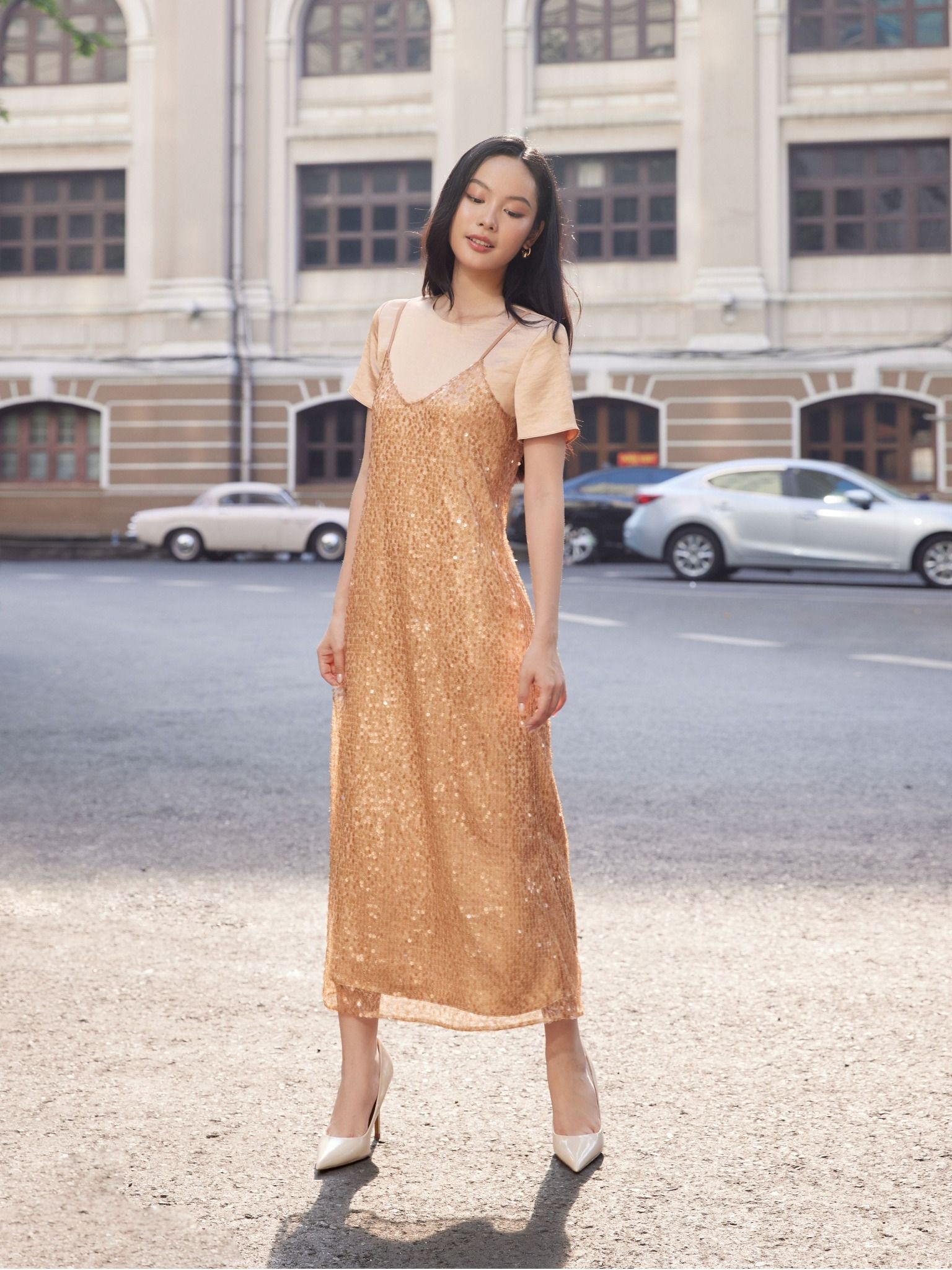  Đầm kim sa phối lụa | Mauve Sequin dress 