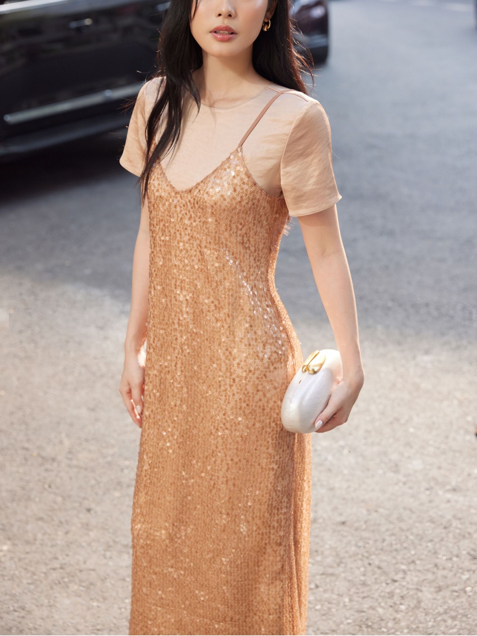  Đầm kim sa phối lụa | Mauve Sequin dress 