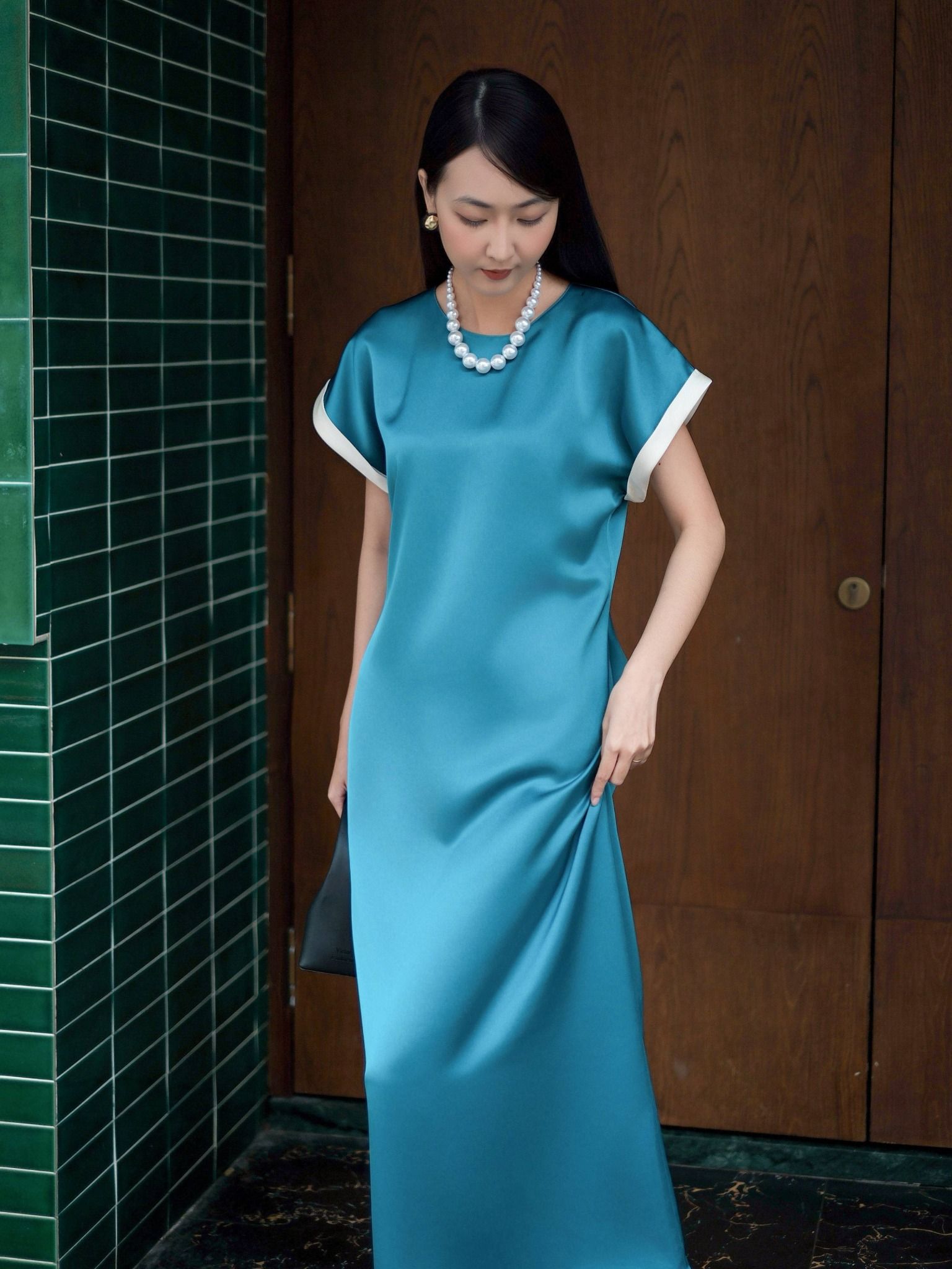  Đầm lụa phối màu tay áo | Mauve Highlight dress 