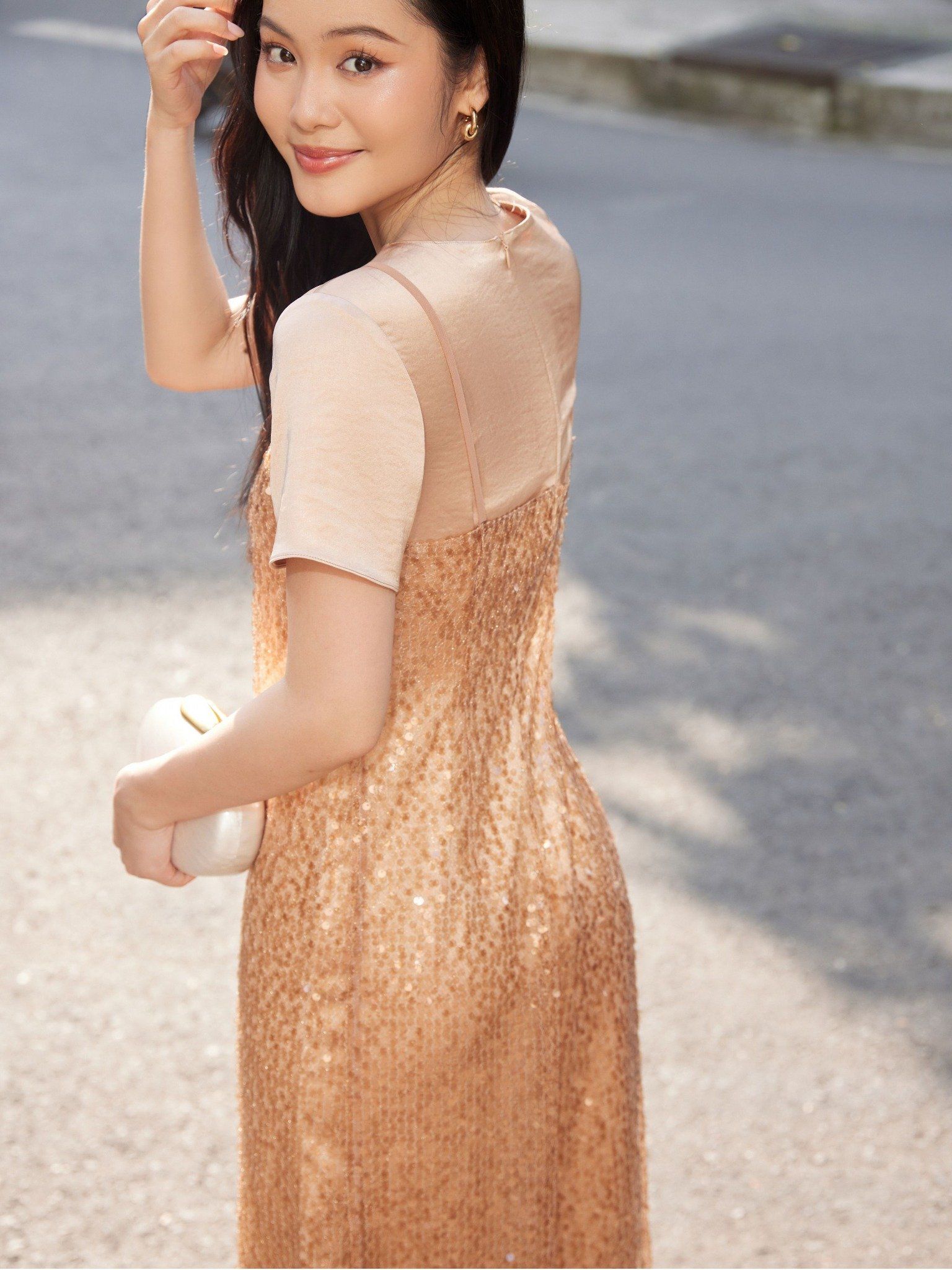  Đầm kim sa phối lụa | Mauve Sequin dress 