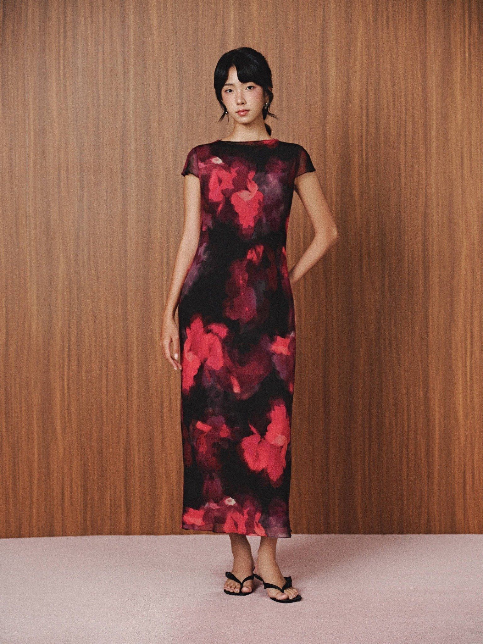  Đầm lụa phối lưới hoa | Mauve Silk Mesh dress 