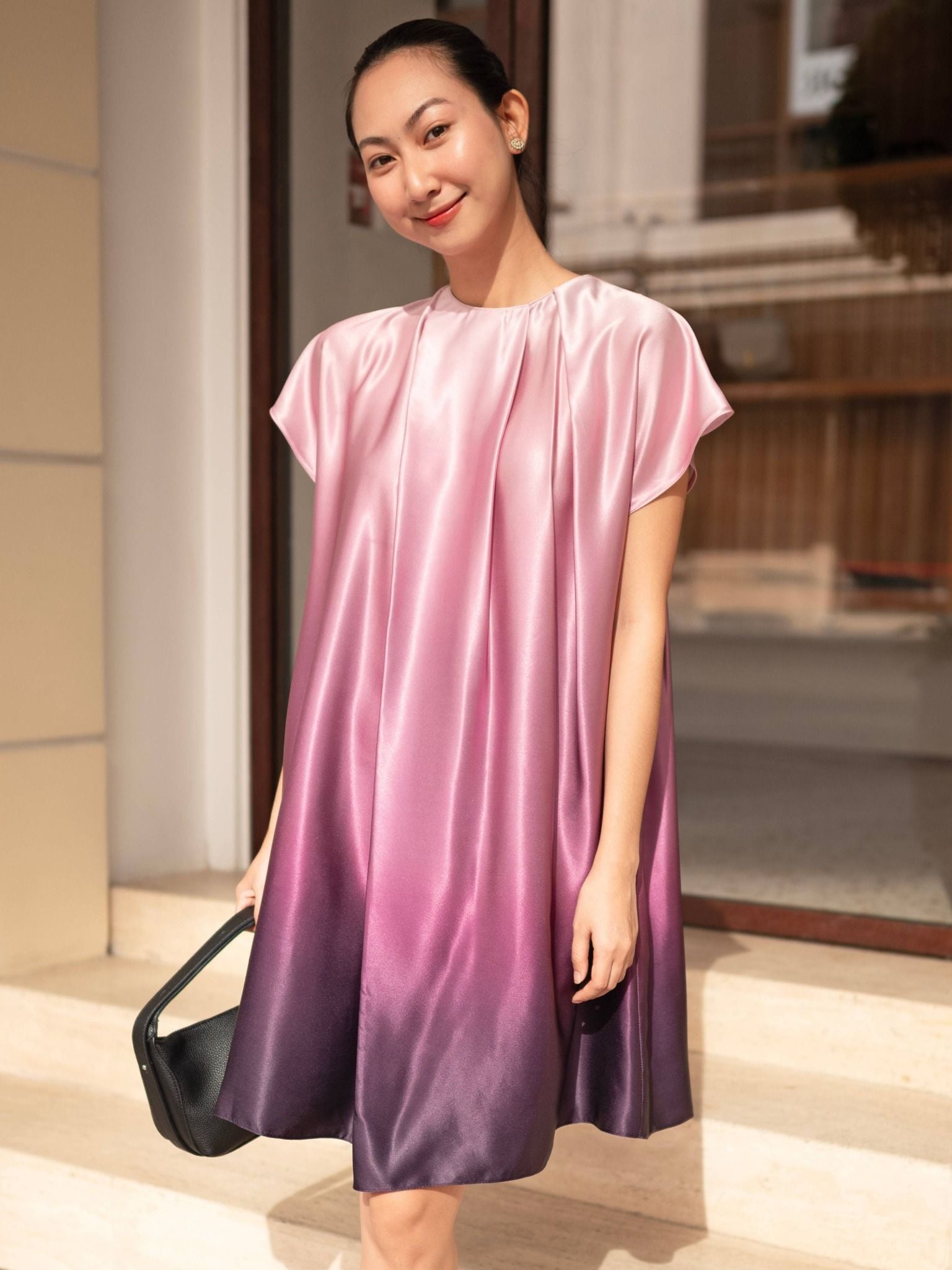  Đầm lụa loang màu thắt nơ | Mauve Ombre dress 