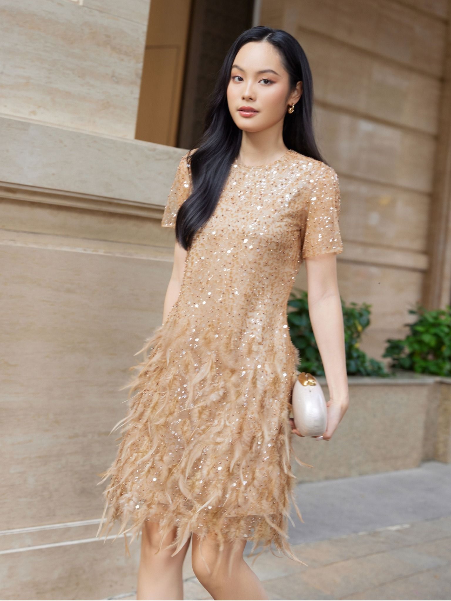  Đầm đính kết lông vũ và hạt | Mauve Mocha dress 