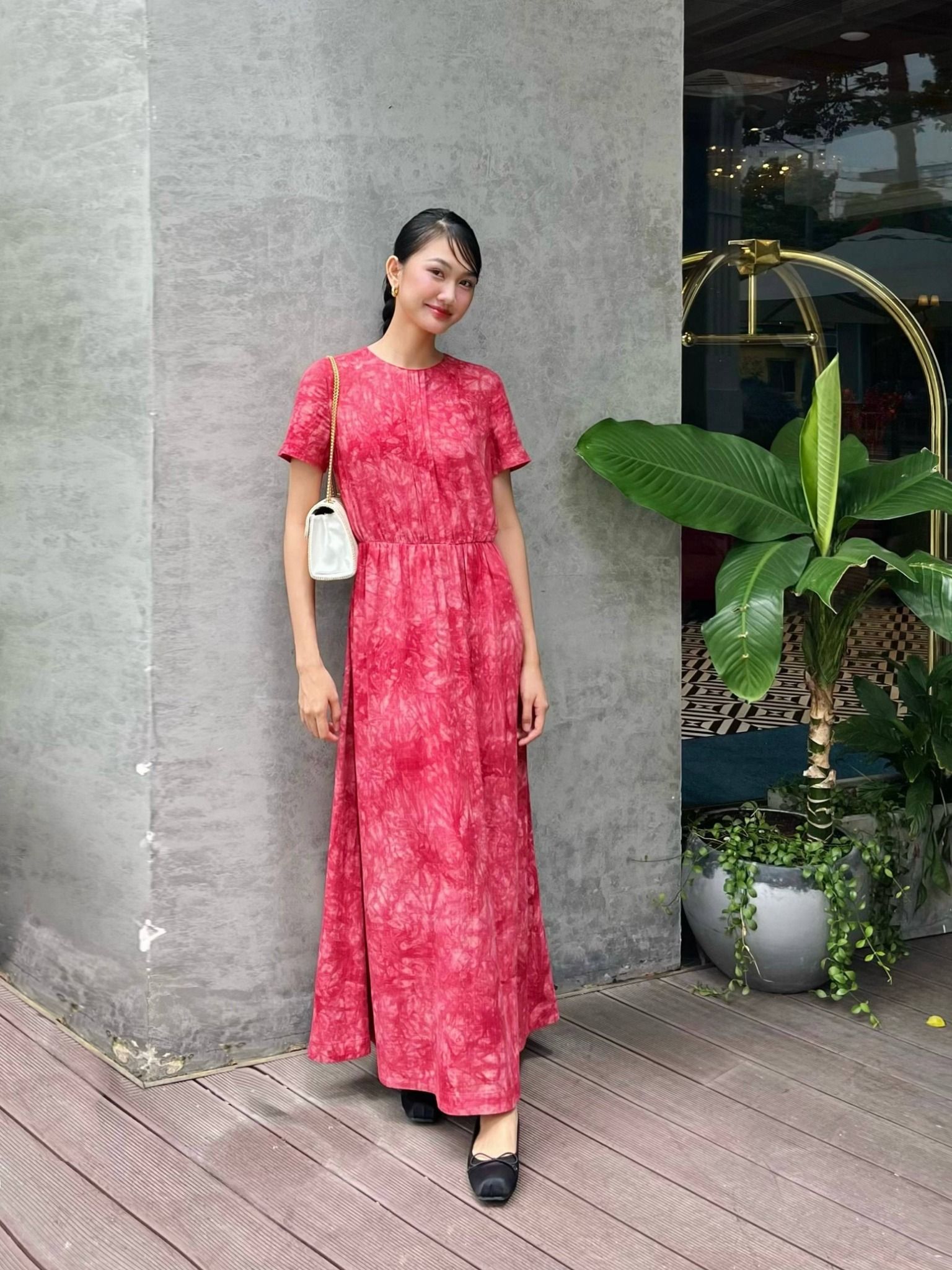  Đầm linen hoa nhún eo Mauve Flower Speck dress 