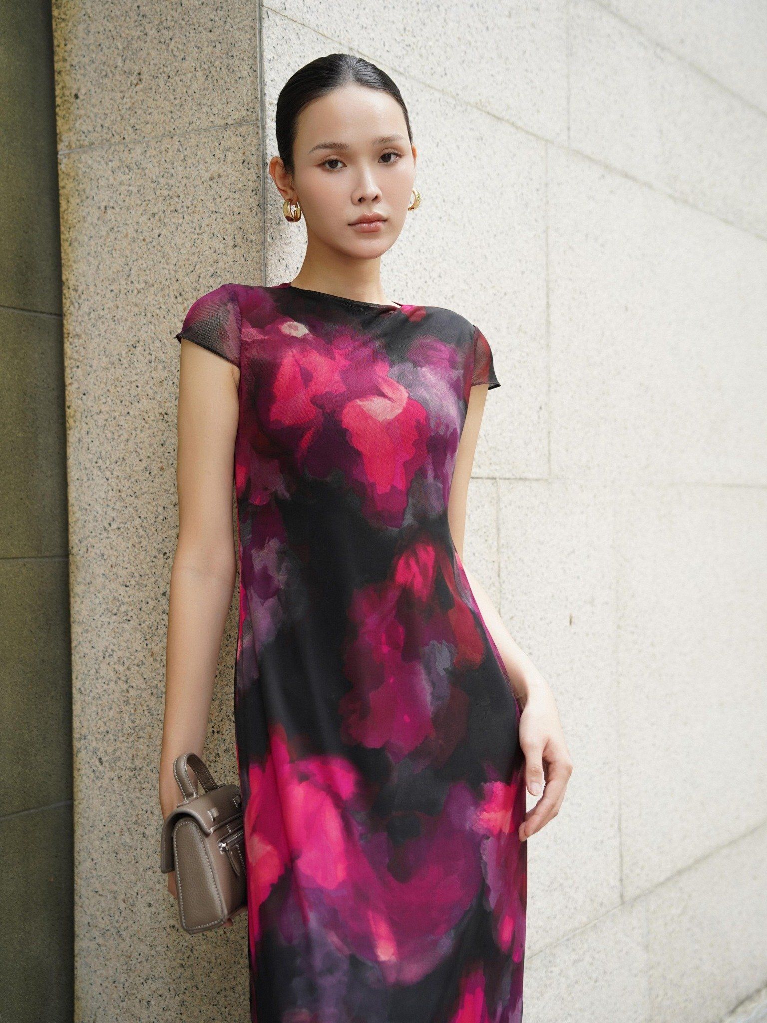  Đầm lụa phối lưới hoa | Mauve Silk Mesh dress 