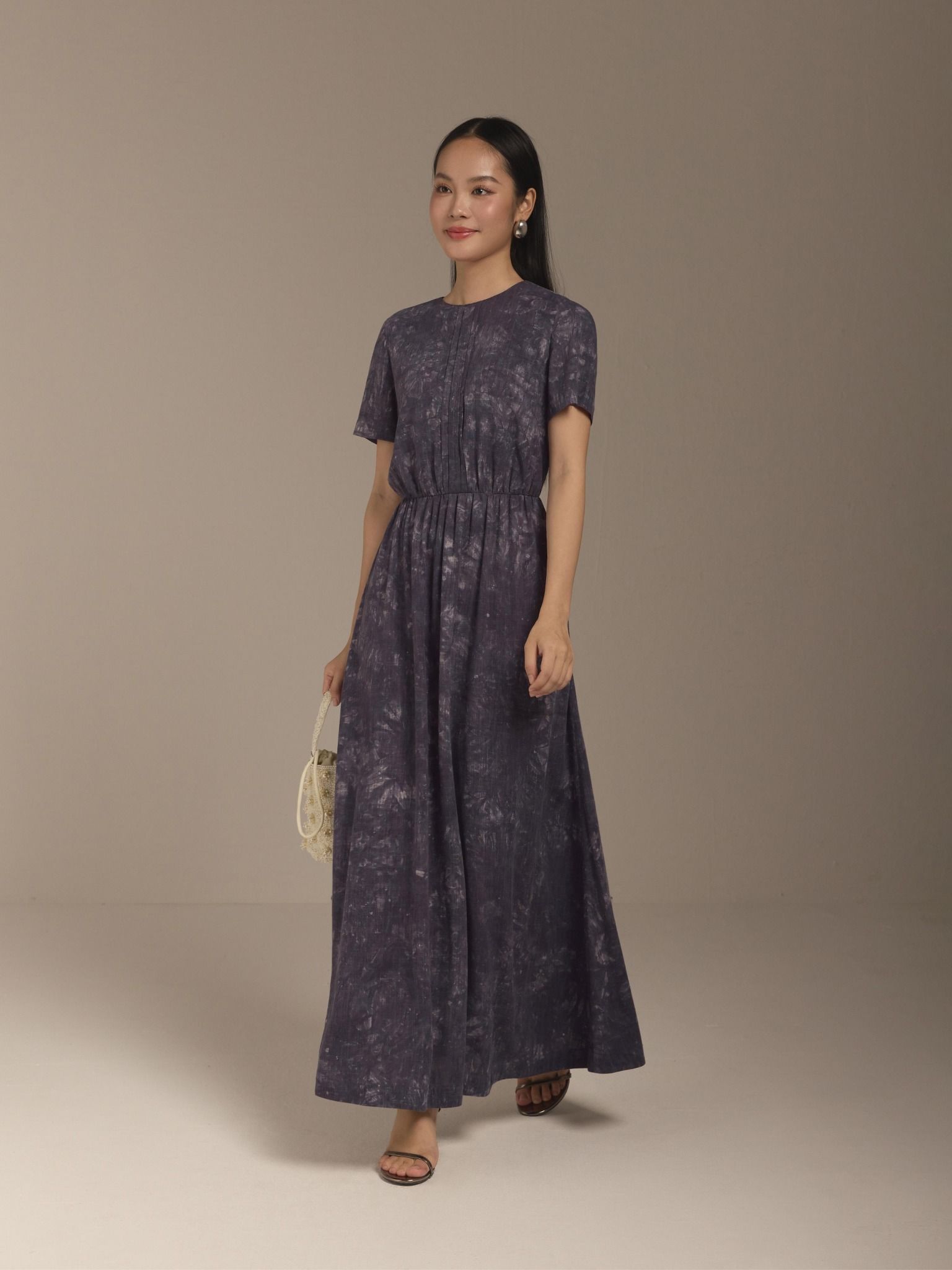  Đầm linen hoa nhún eo Mauve Flower Speck dress 