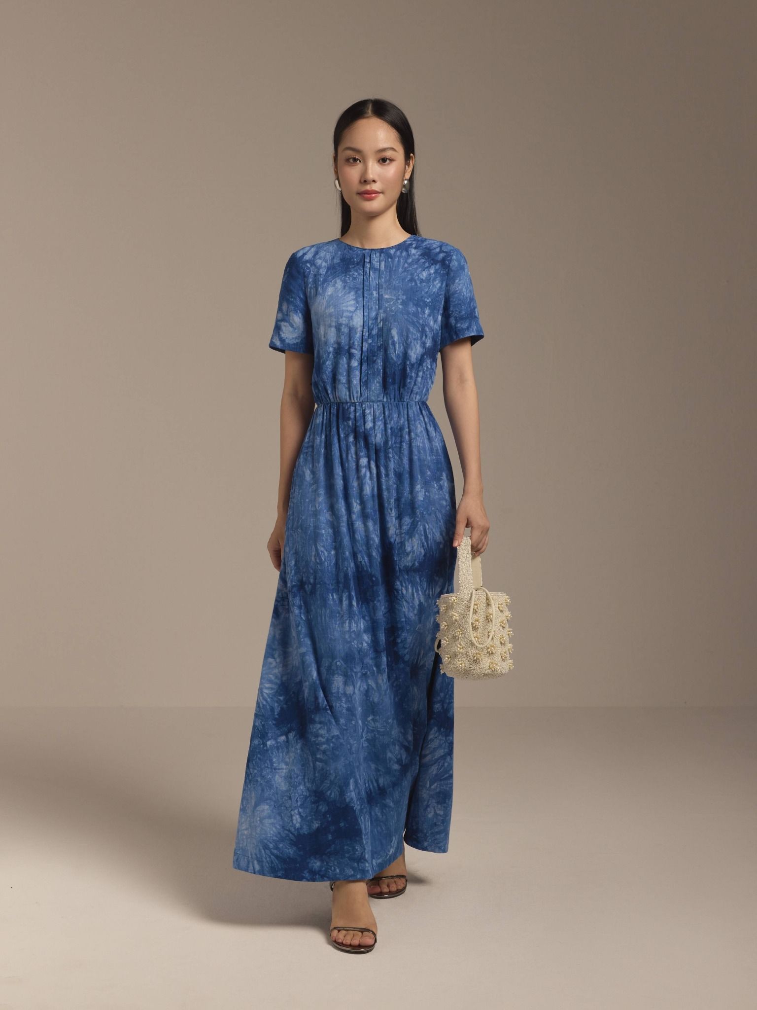 Đầm linen hoa nhún eo Mauve Flower Speck dress 