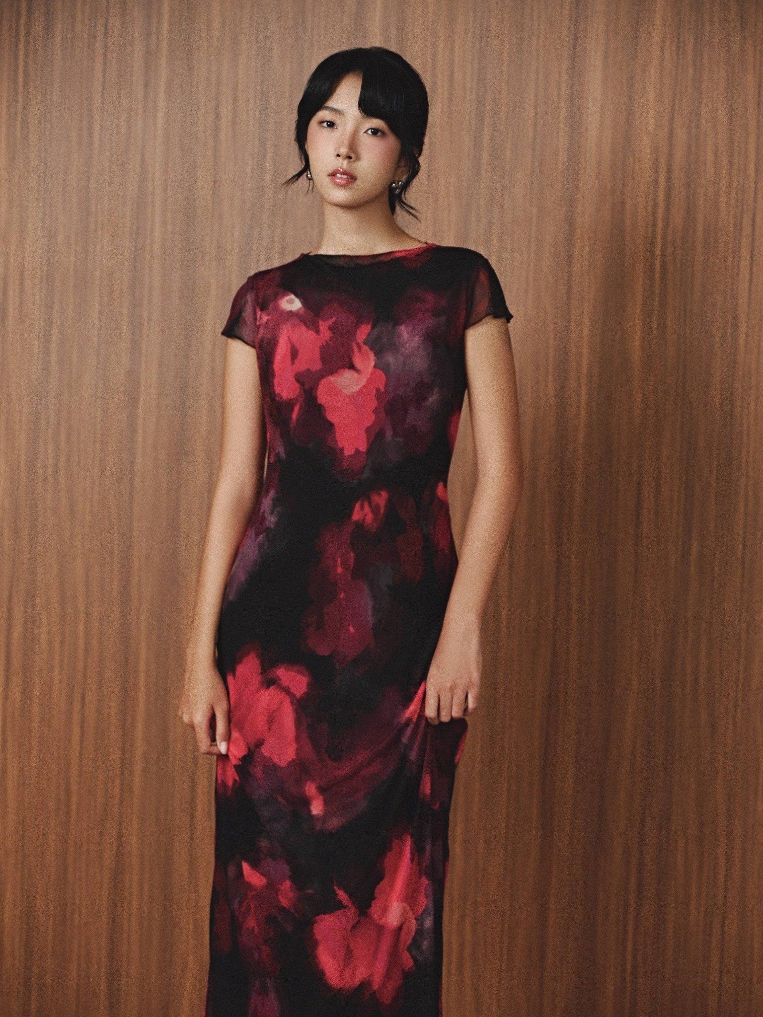  Đầm lụa phối lưới hoa | Mauve Silk Mesh dress 