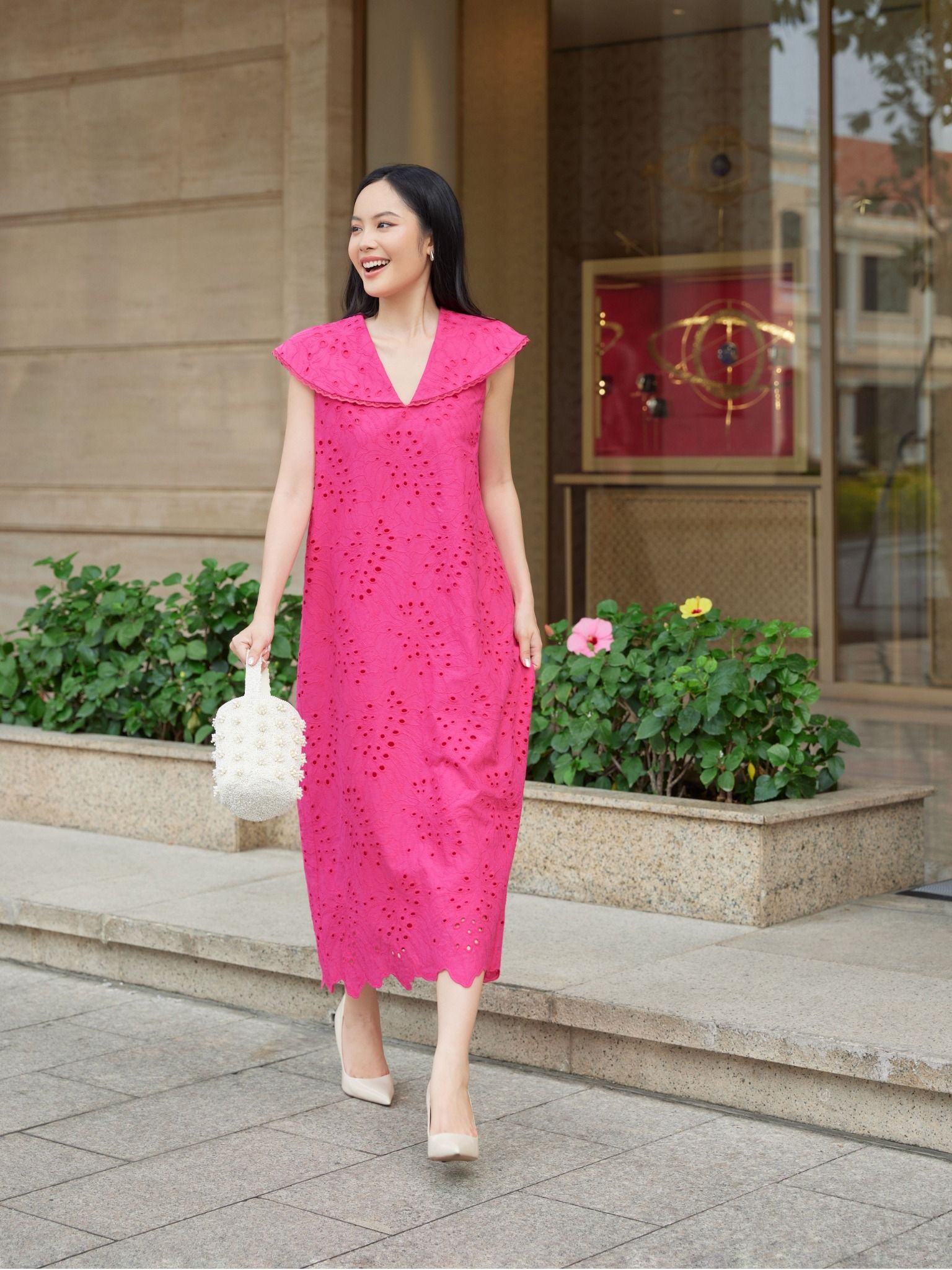  Đầm cotton thêu cổ lá sen Mauve Lotus leaf collar dress 