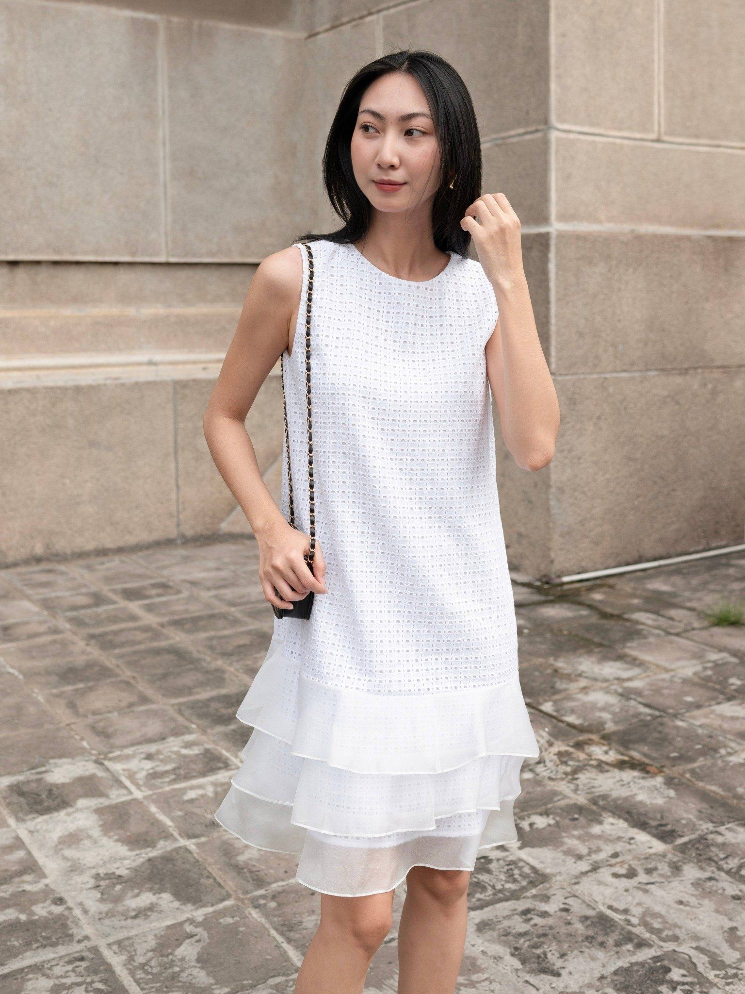  Đầm cotton thêu phối 3 tầng bèo | Mauve Ruffled dress 