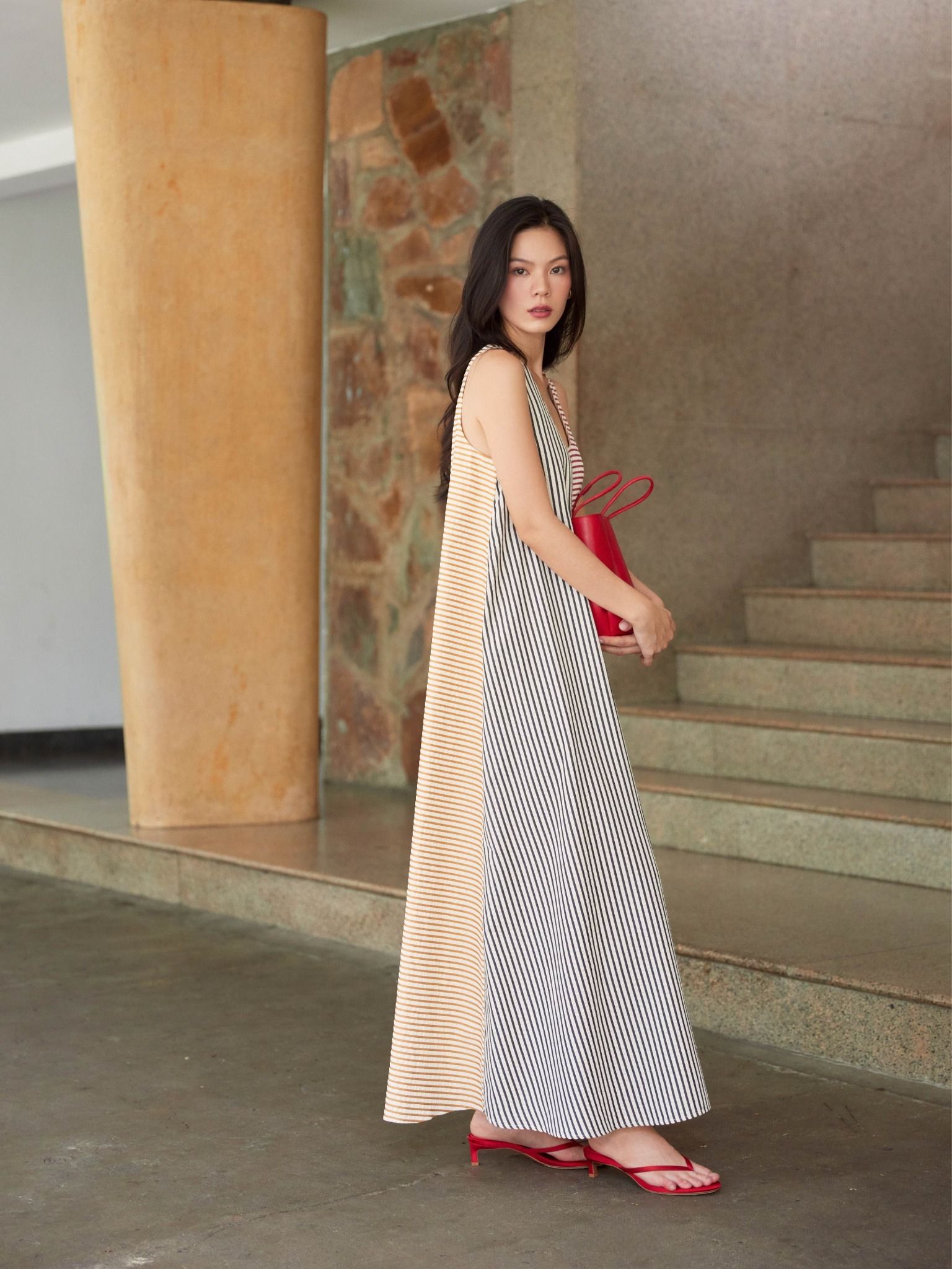  Đầm maxi sọc phối màu Mauve Striped Relax dress 