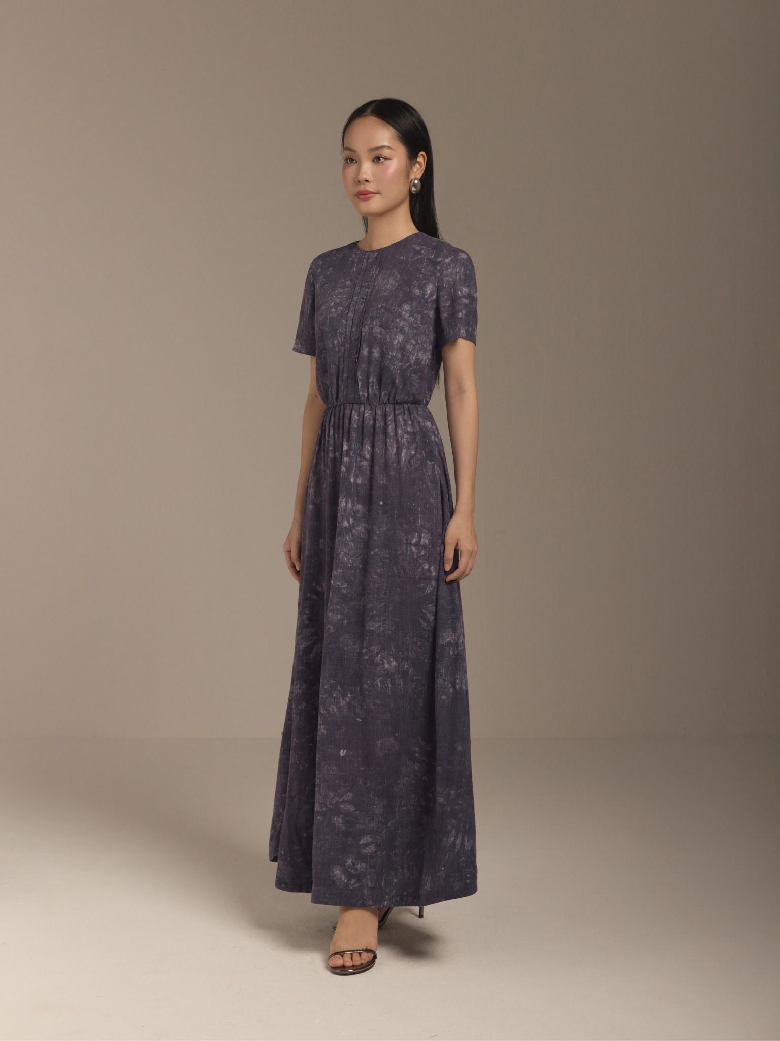 Đầm linen hoa nhún eo Mauve Flower Speck dress 
