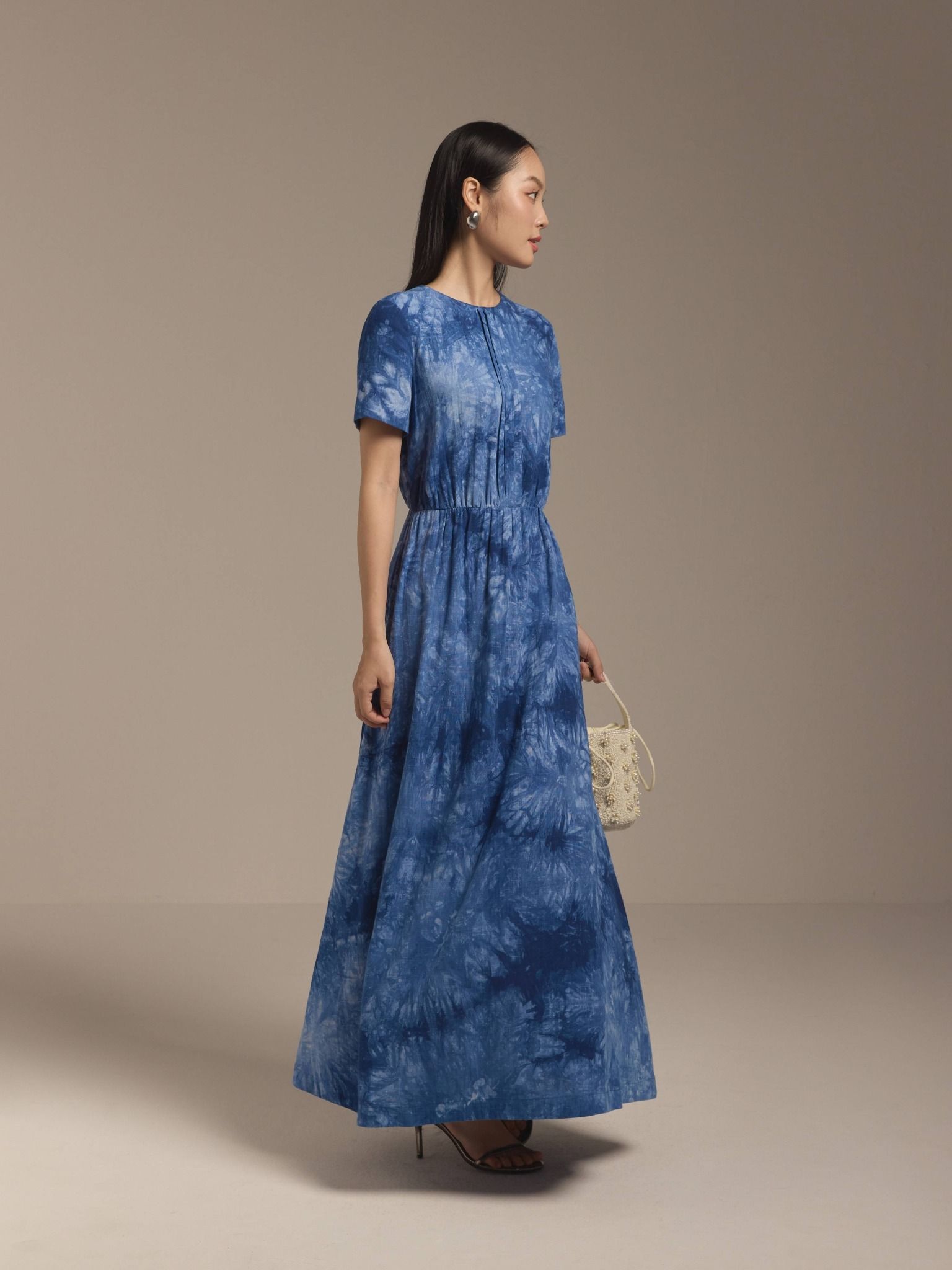  Đầm linen hoa nhún eo Mauve Flower Speck dress 
