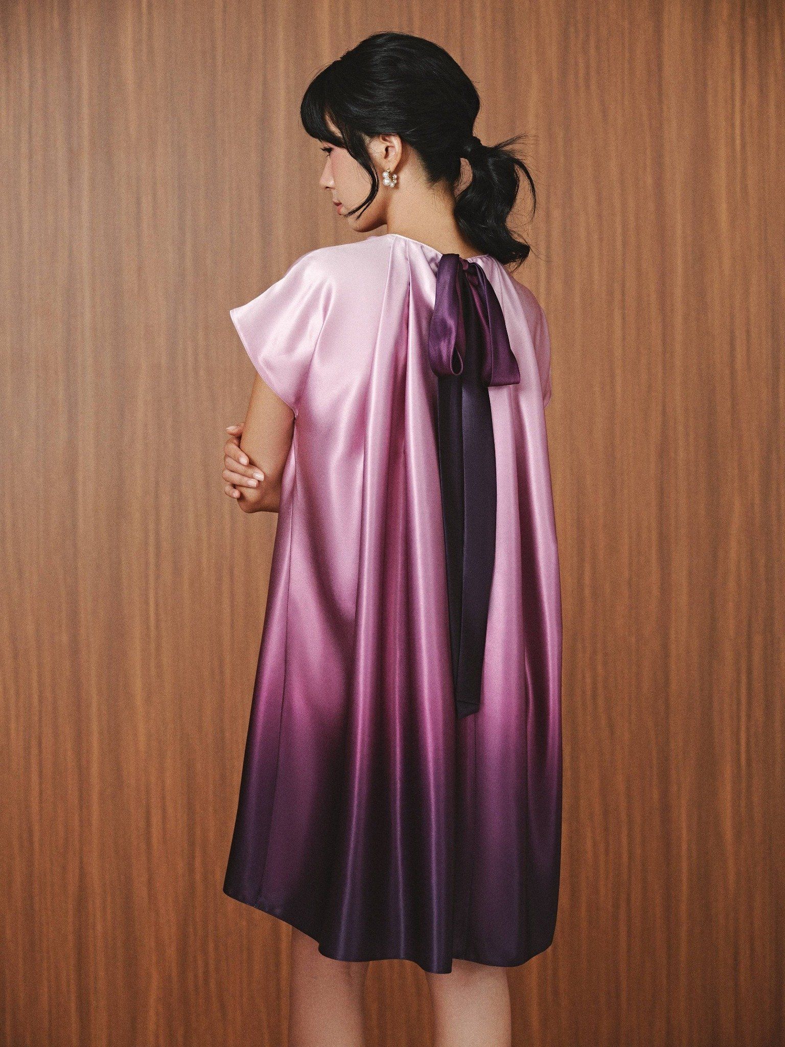  Đầm lụa loang màu thắt nơ | Mauve Ombre dress 