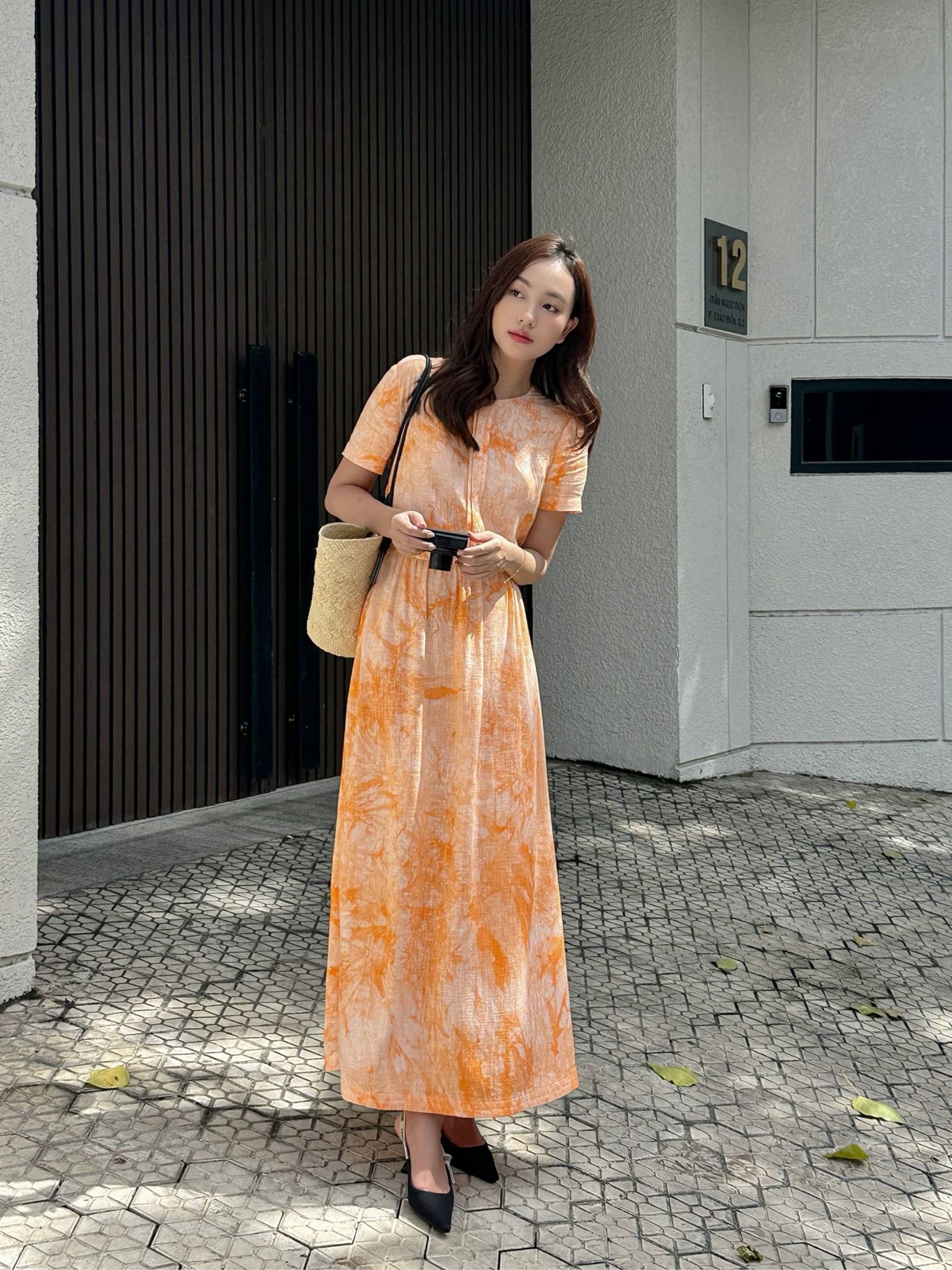  Đầm linen hoa nhún eo Mauve Flower Speck dress 