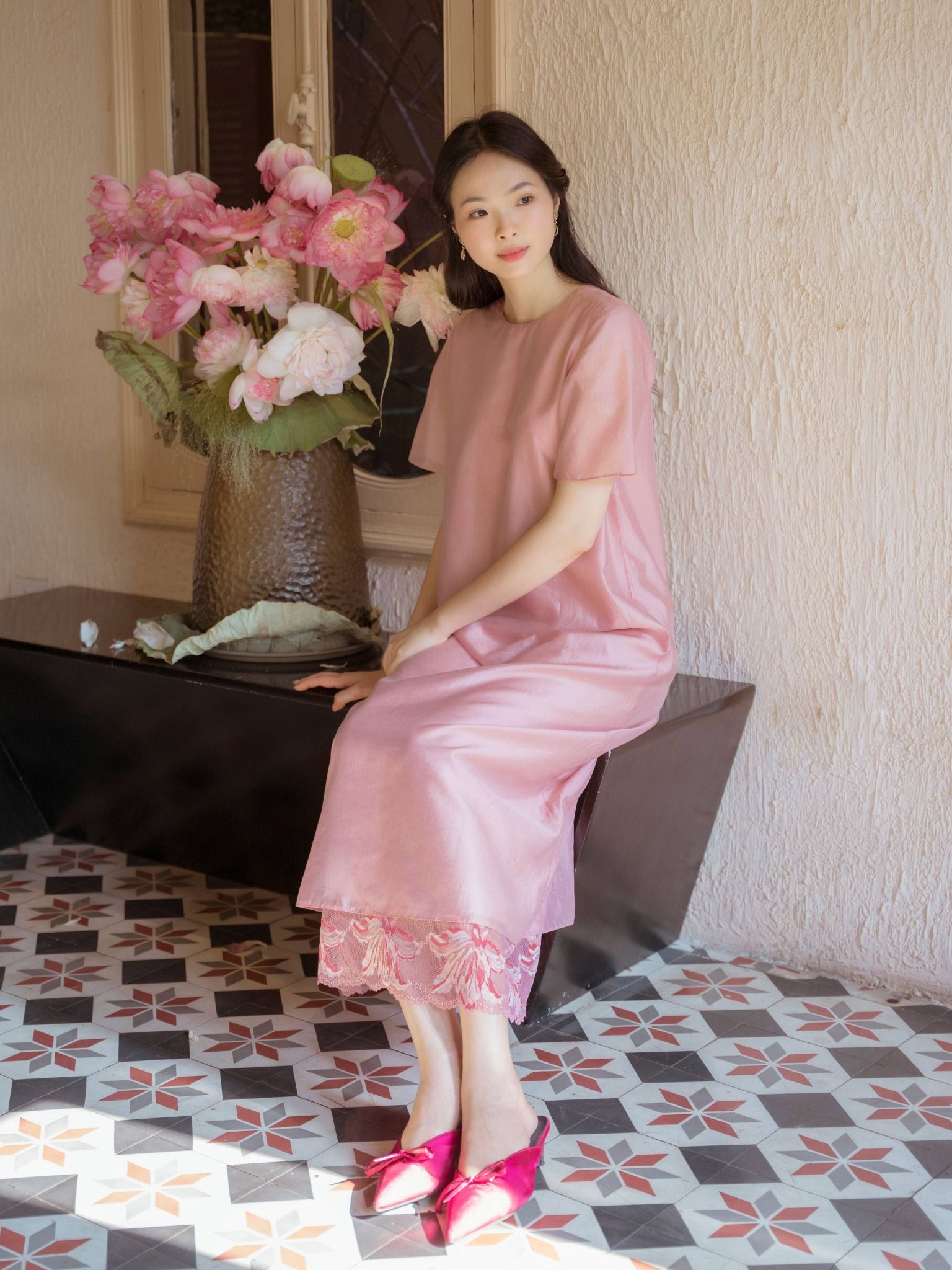  Đầm dài voan tơ phối ren Mauve Lace T-shirt dress 