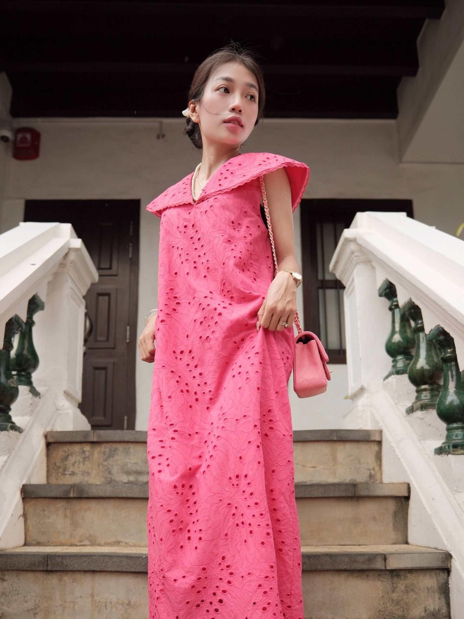  Đầm cotton thêu cổ lá sen Mauve Lotus leaf collar dress 