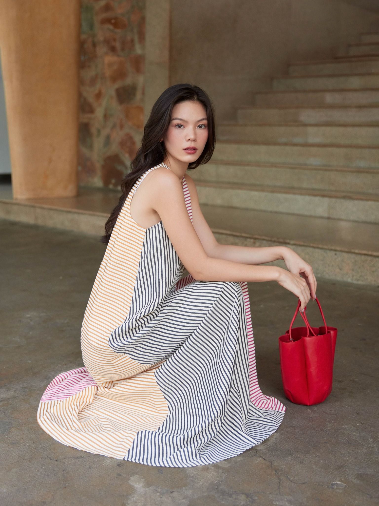  Đầm maxi sọc phối màu Mauve Striped Relax dress 