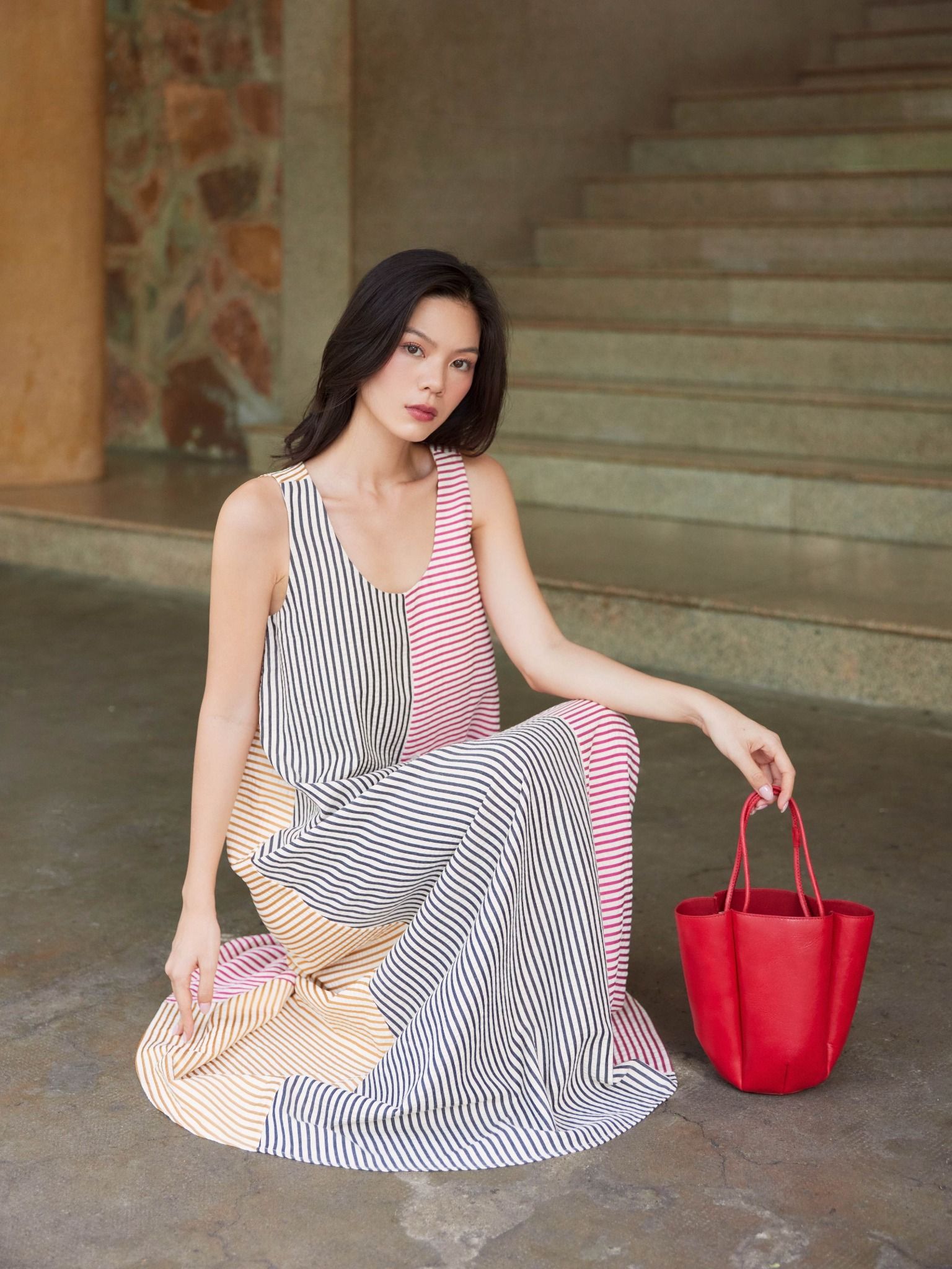  Đầm maxi sọc phối màu Mauve Striped Relax dress 