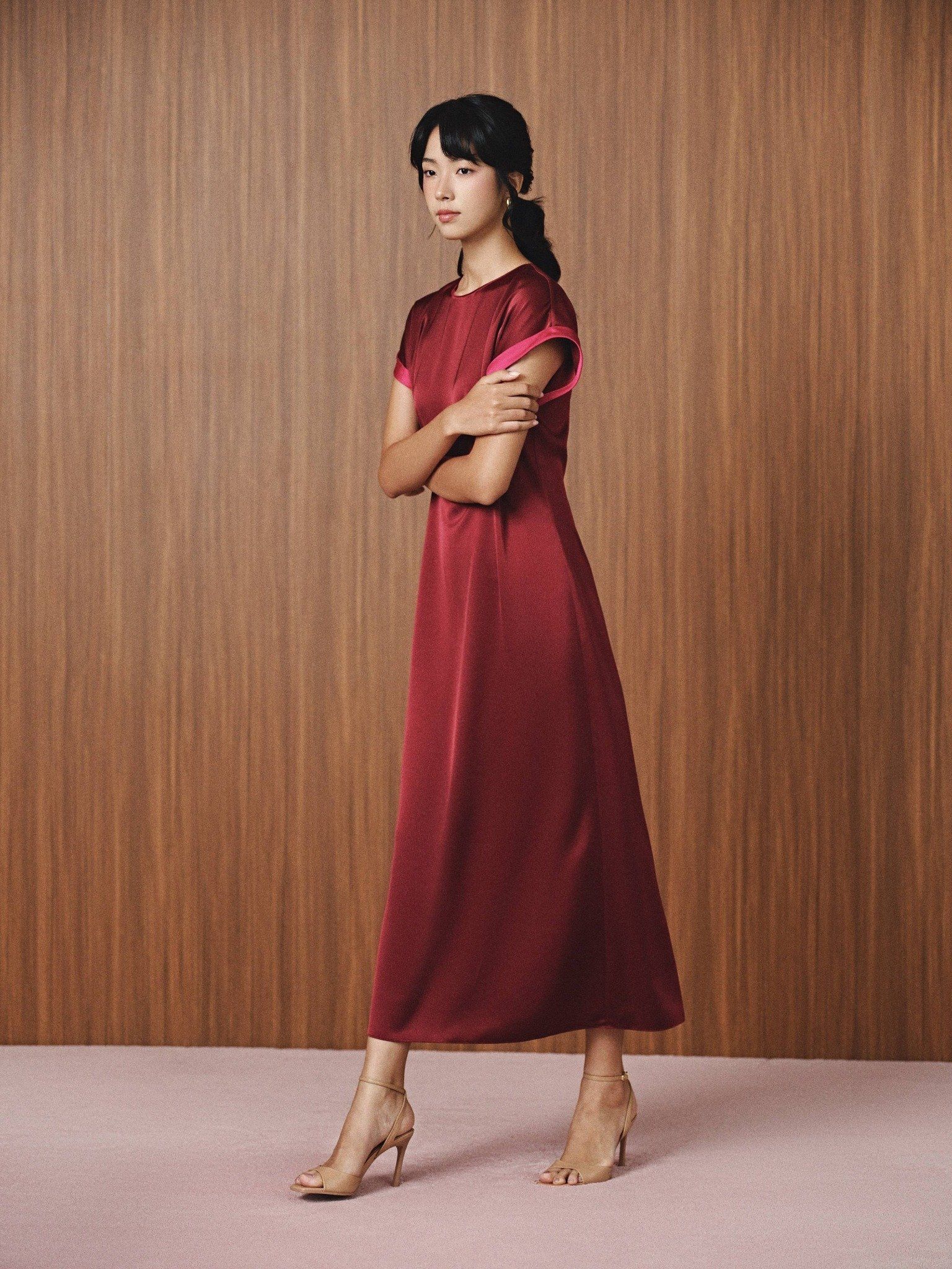  Đầm lụa phối màu tay áo | Mauve Highlight dress 
