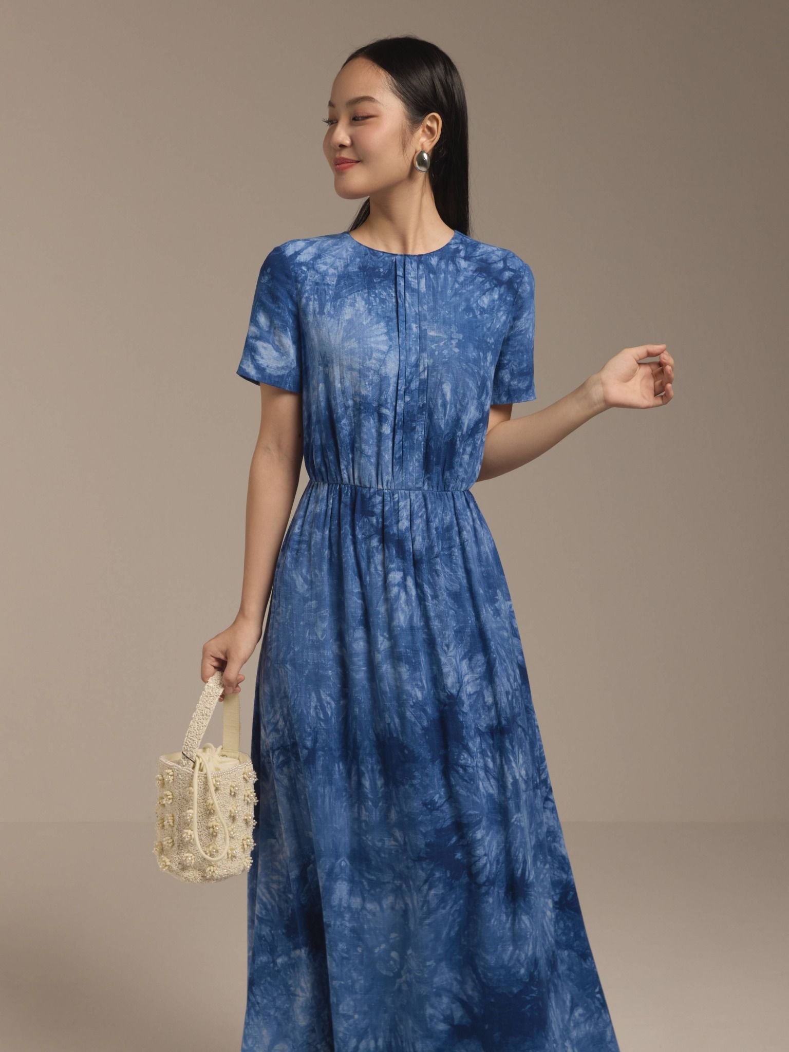  Đầm linen hoa nhún eo Mauve Flower Speck dress 