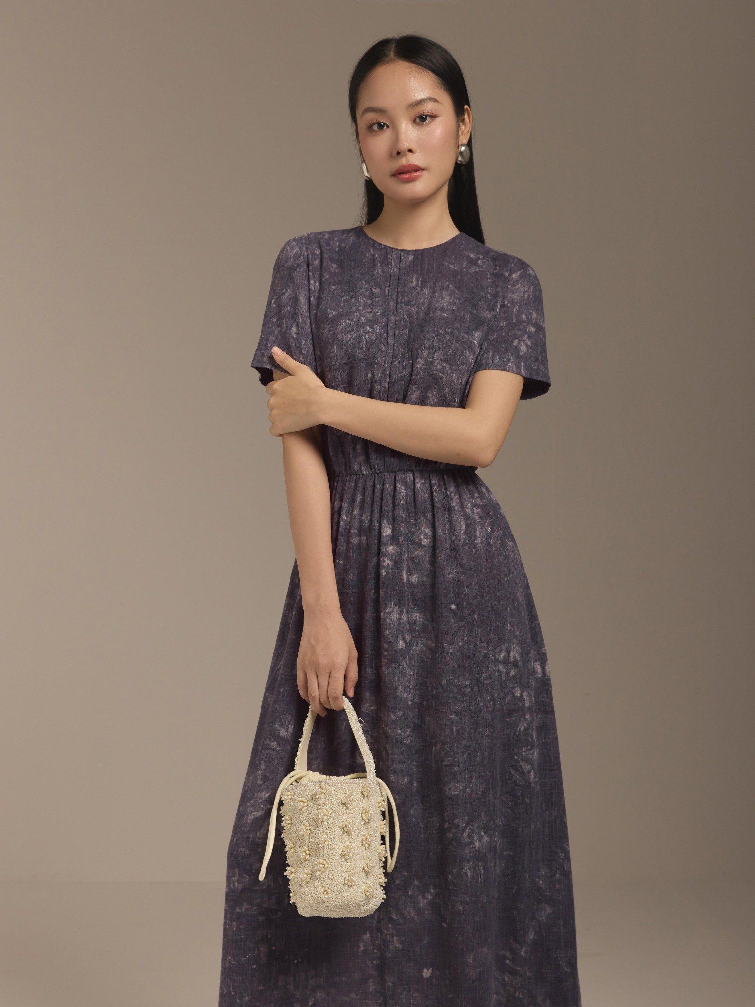  Đầm linen hoa nhún eo Mauve Flower Speck dress 