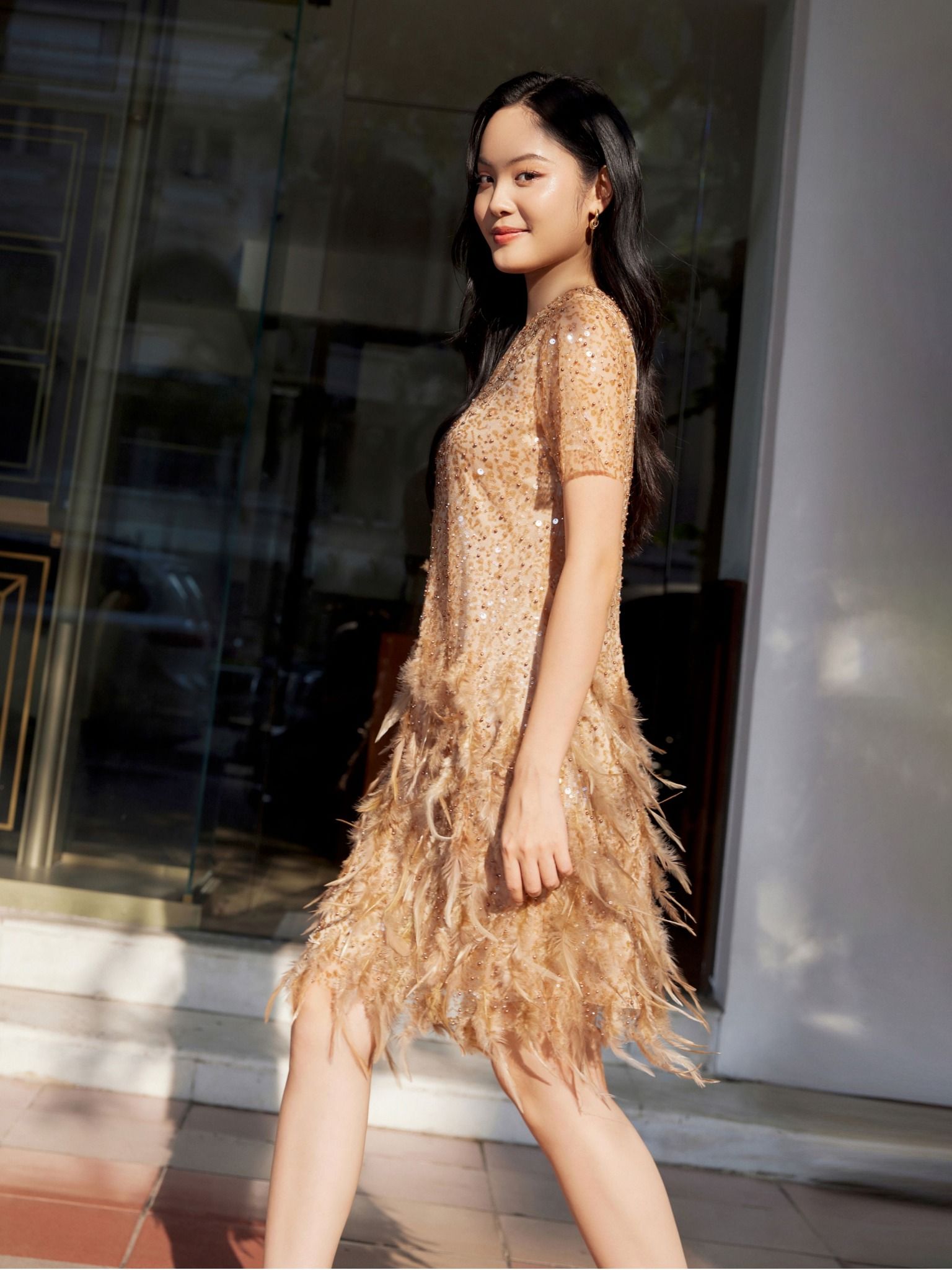  Đầm đính kết lông vũ và hạt | Mauve Mocha dress 