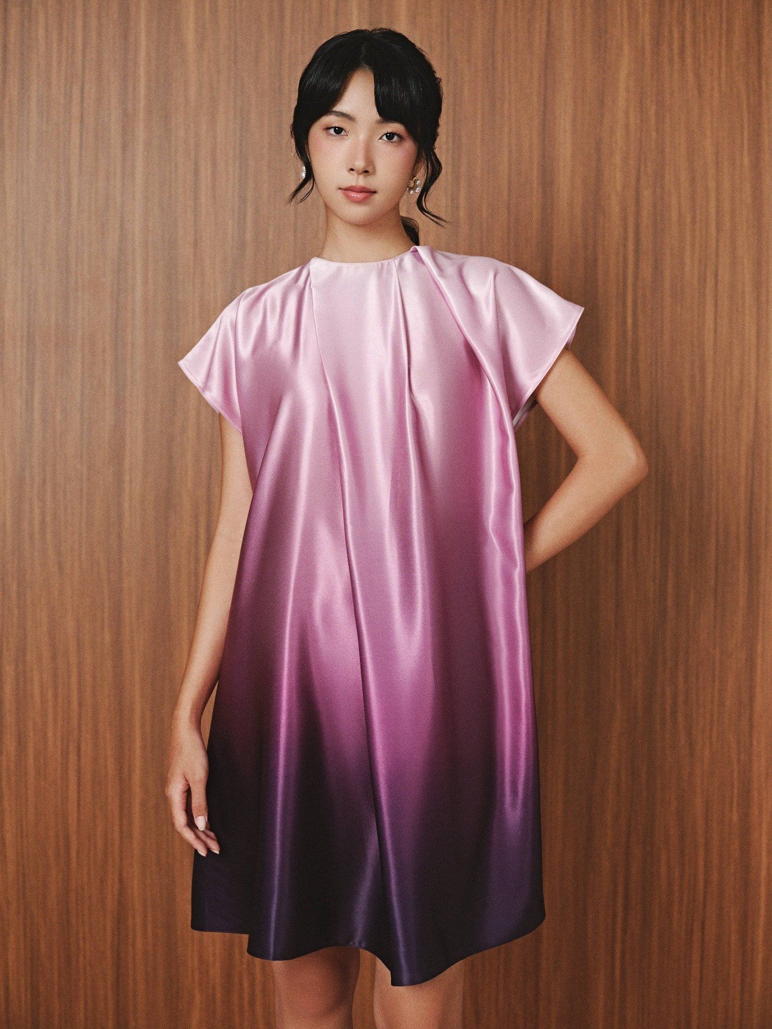  Đầm lụa loang màu thắt nơ | Mauve Ombre dress 
