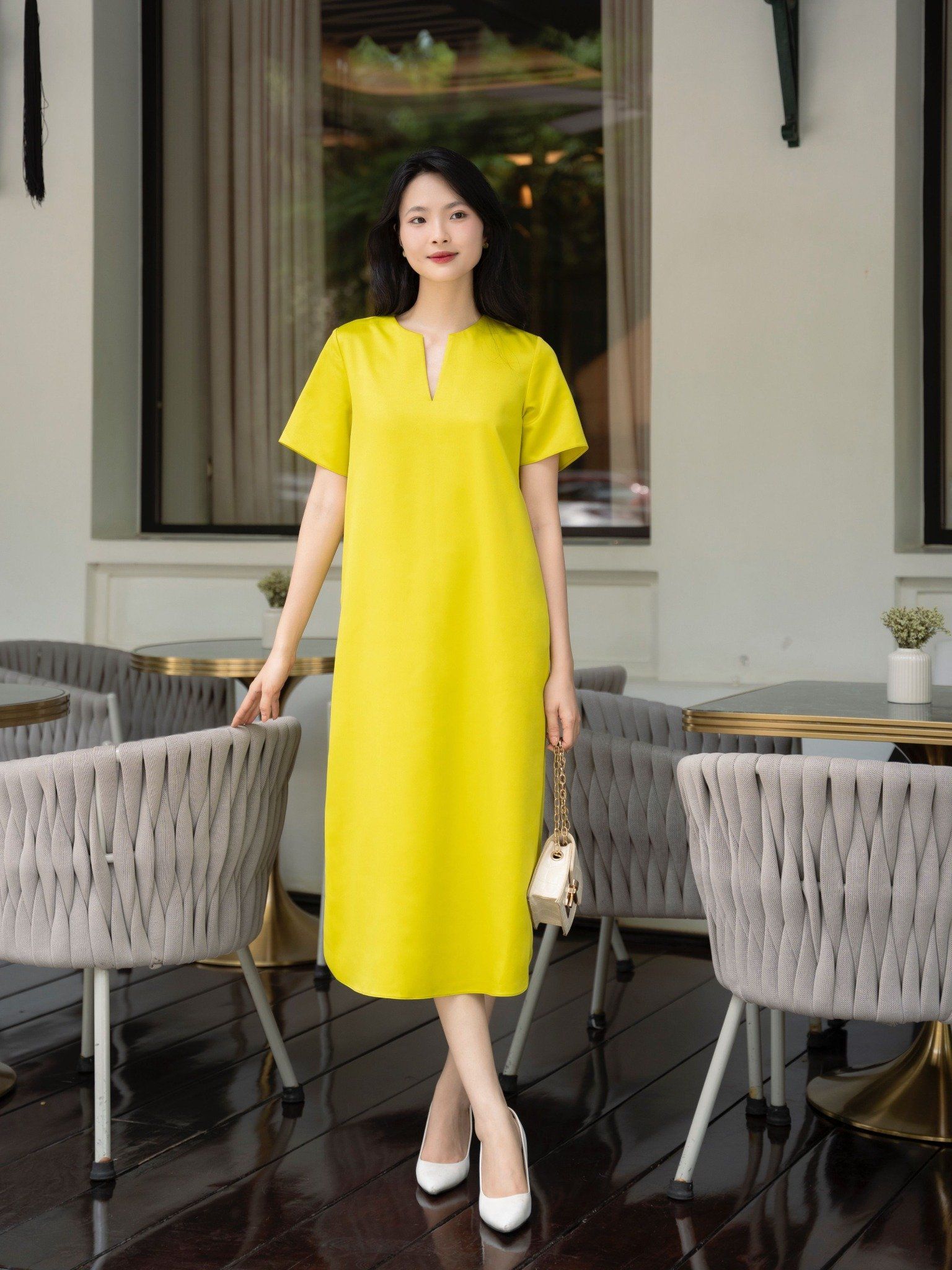  Đầm lụa hai da Mauve Y Neck dress 