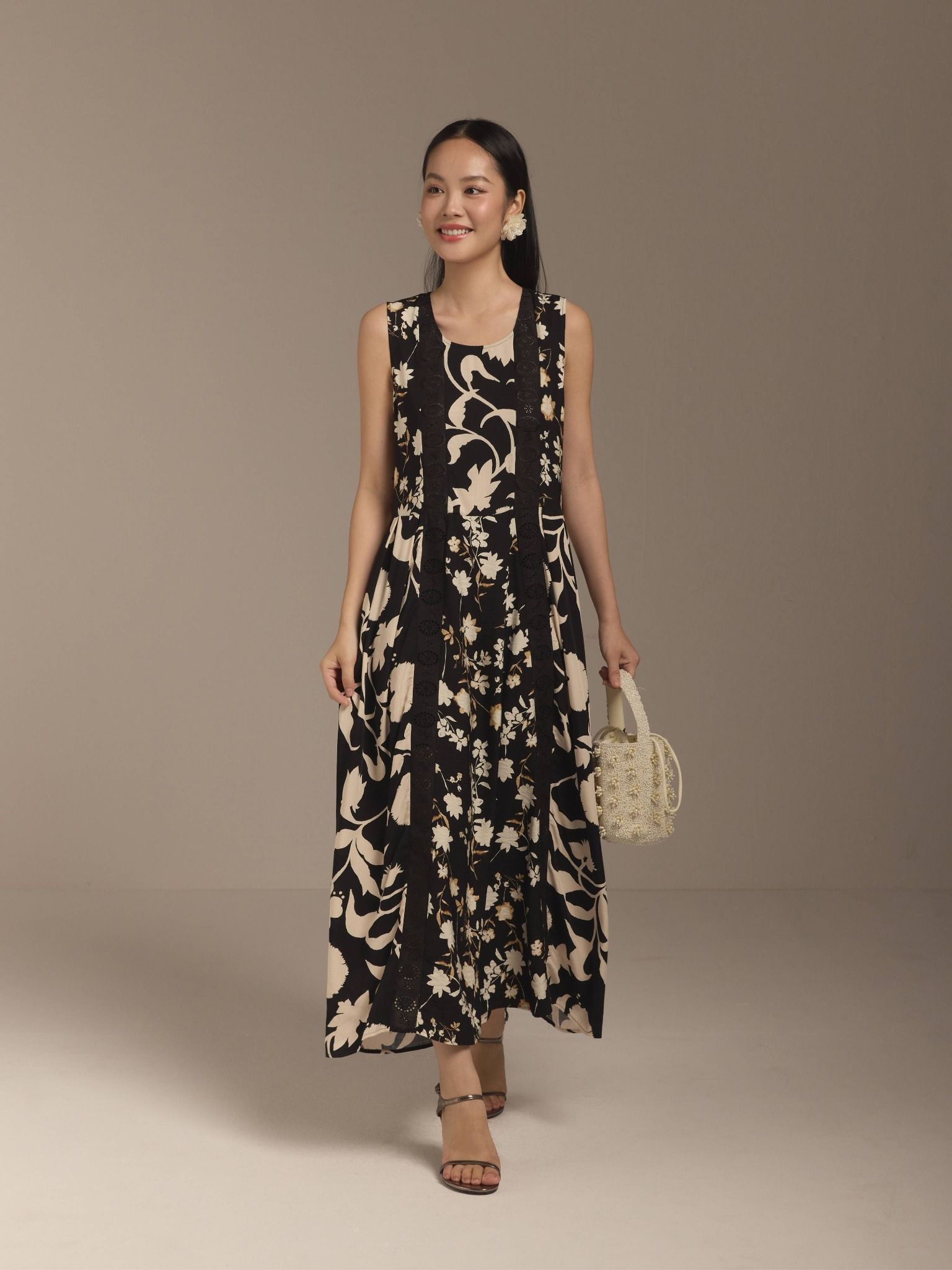  Đầm cotton tơ phối ren Mauve Night garden dress 