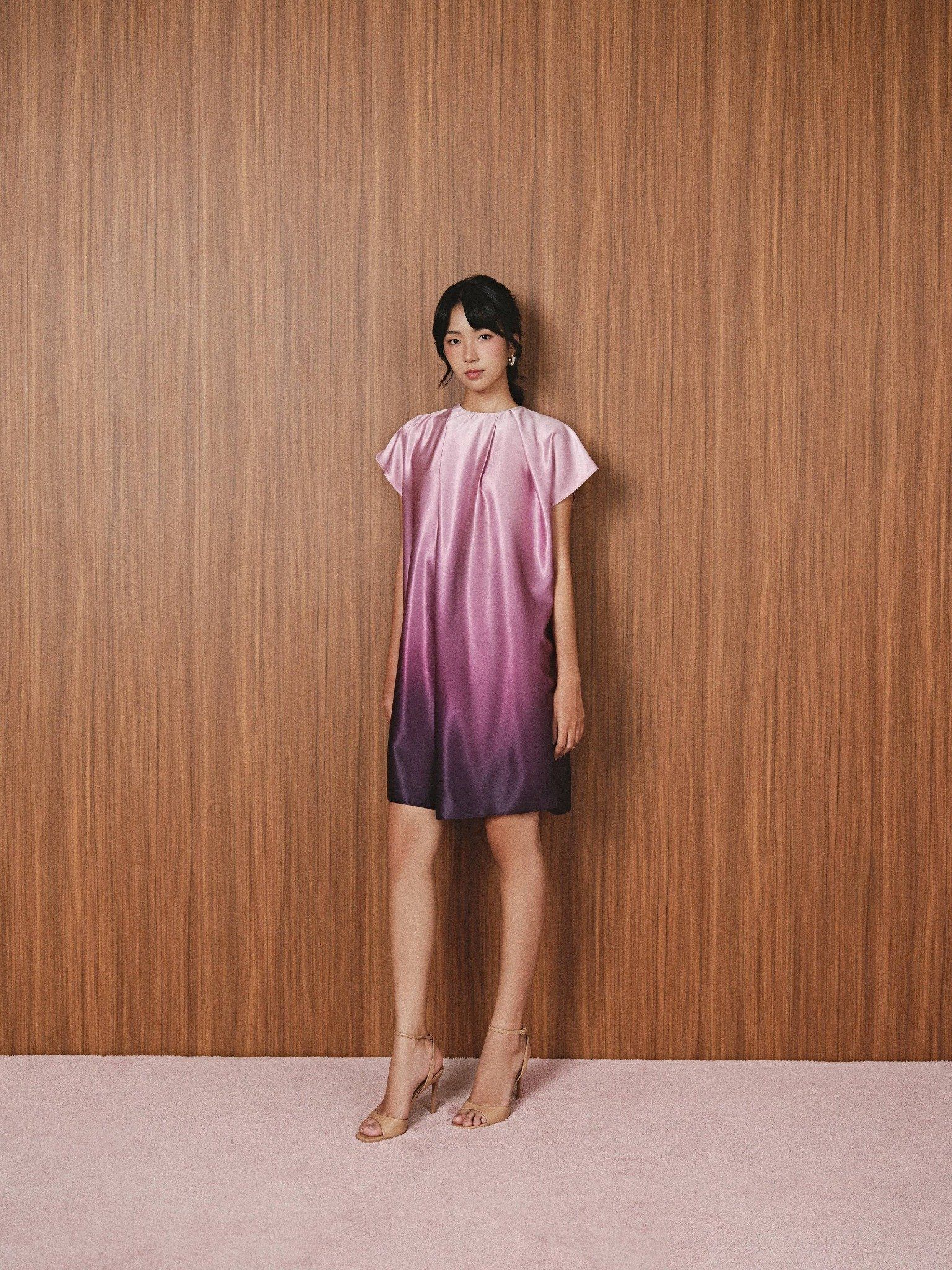  Đầm lụa loang màu thắt nơ | Mauve Ombre dress 