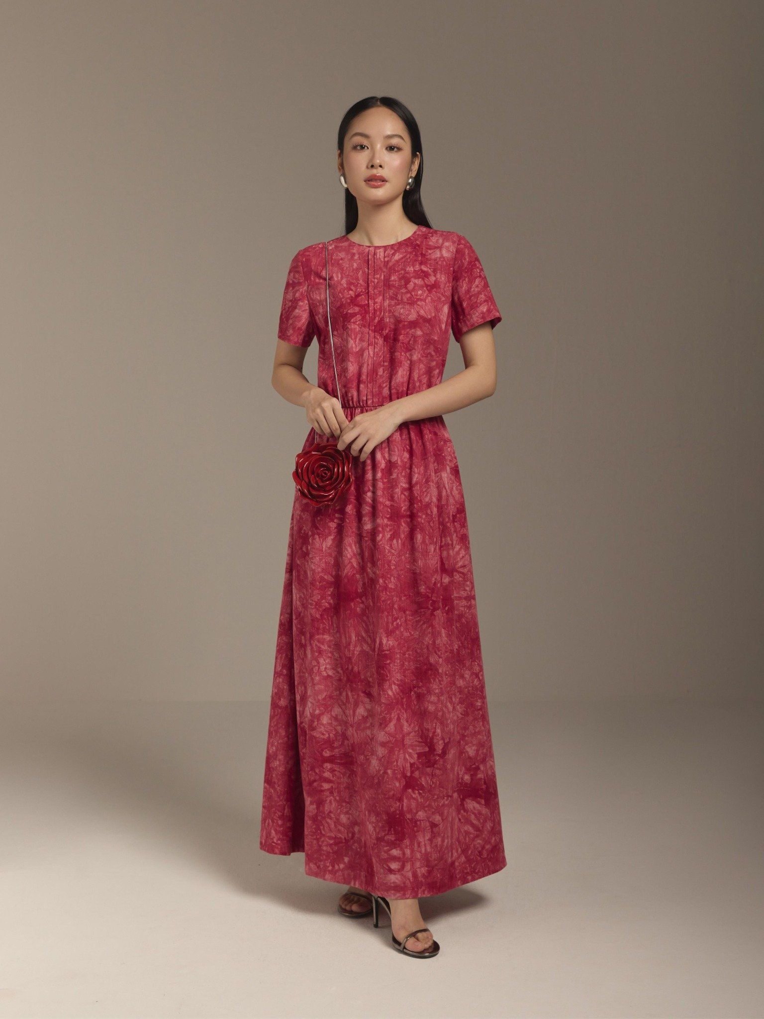  Đầm linen hoa nhún eo Mauve Flower Speck dress 