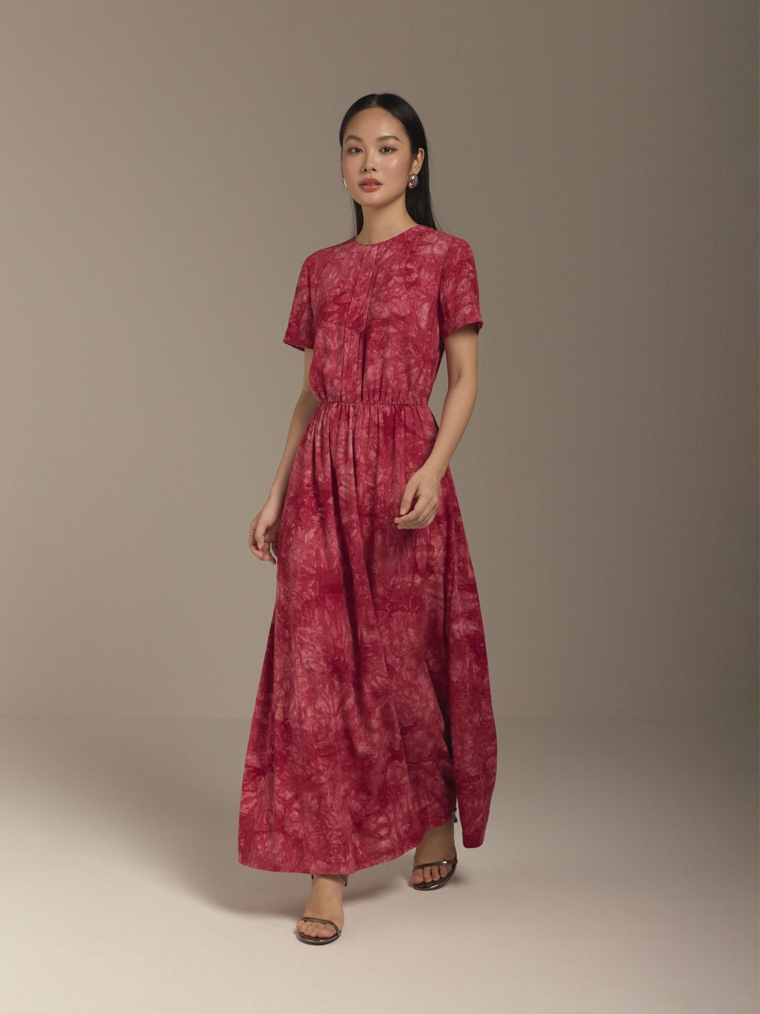  Đầm linen hoa nhún eo Mauve Flower Speck dress 