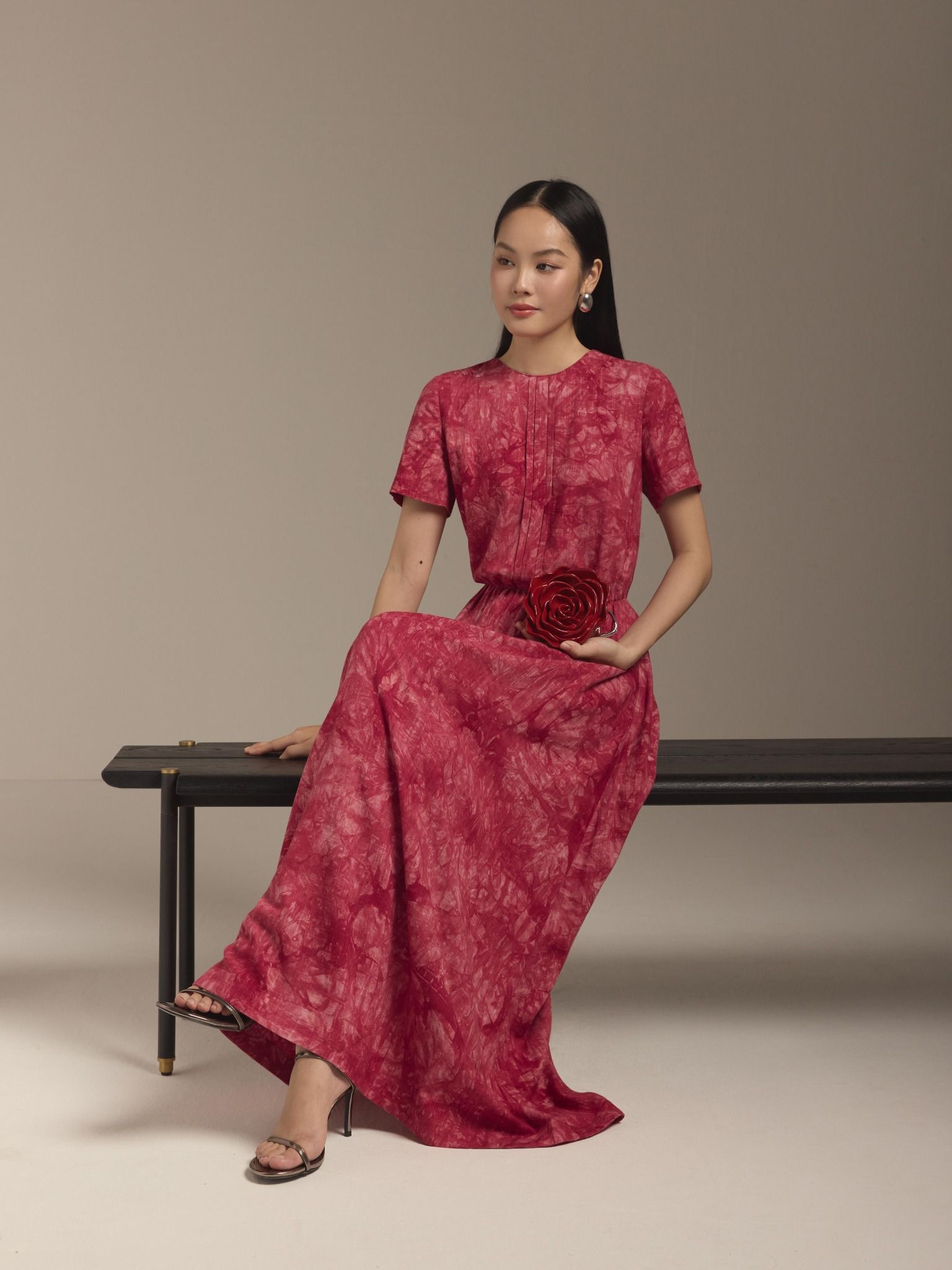  Đầm linen hoa nhún eo Mauve Flower Speck dress 