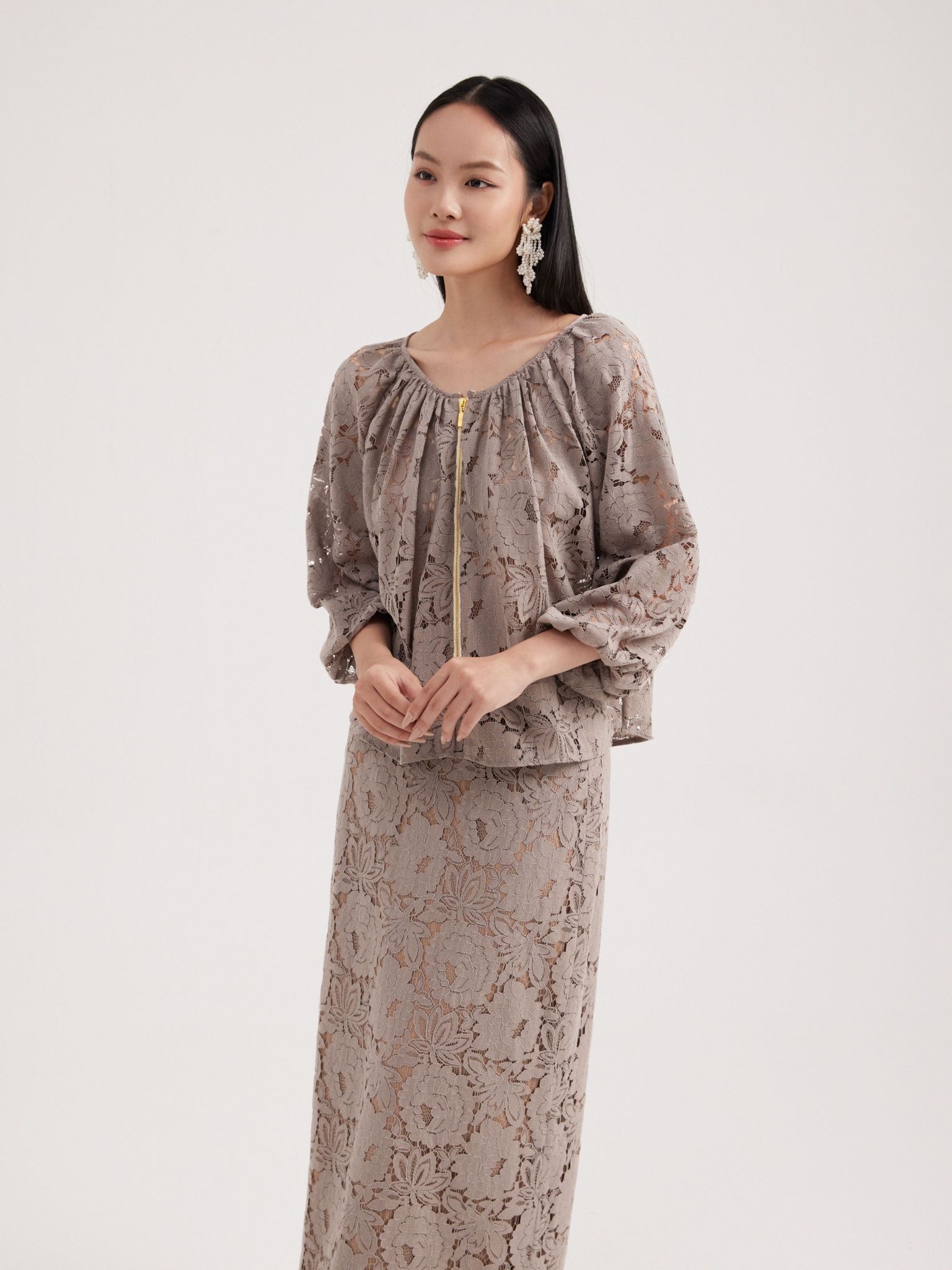  Set váy ren áo tay bồng Mauve Lace set 