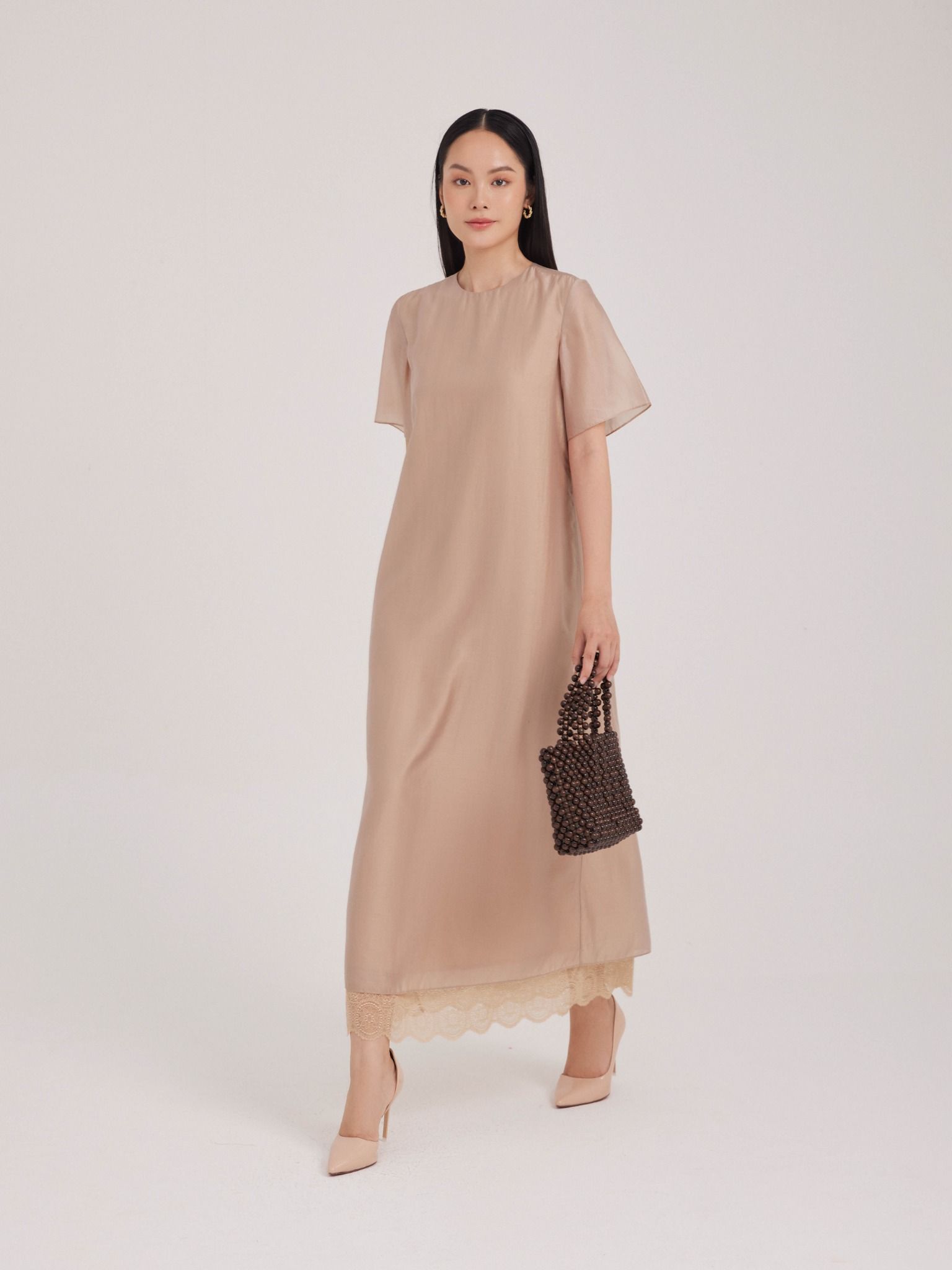  Đầm dài voan tơ phối ren Mauve Lace T-shirt dress 