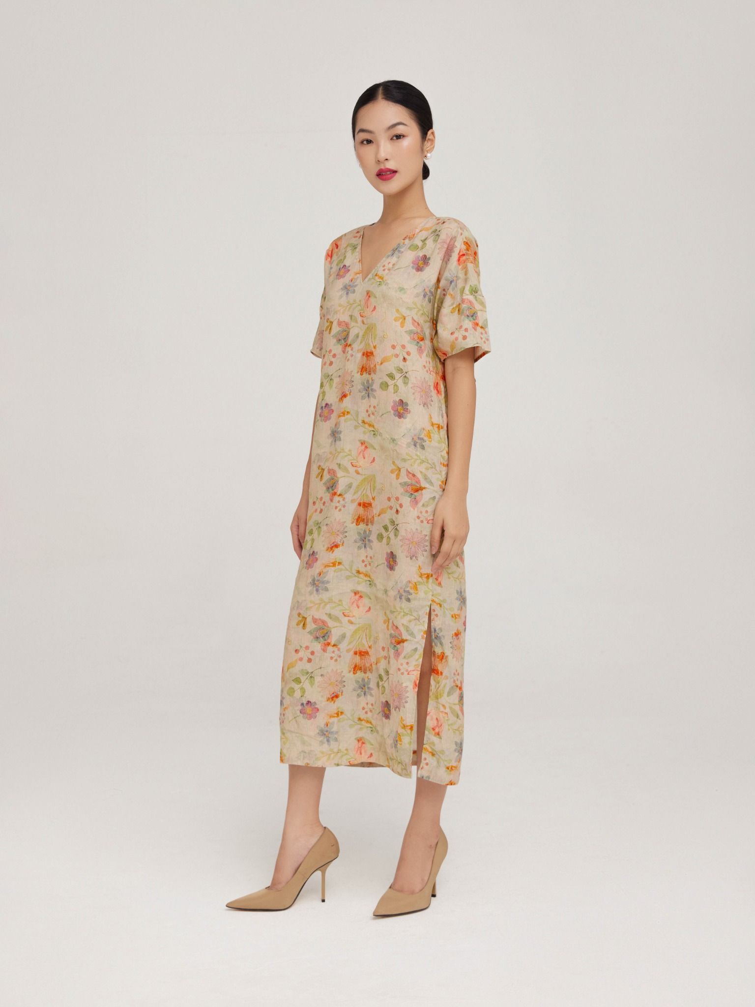  Đầm linen in hoa Mauve V dress 