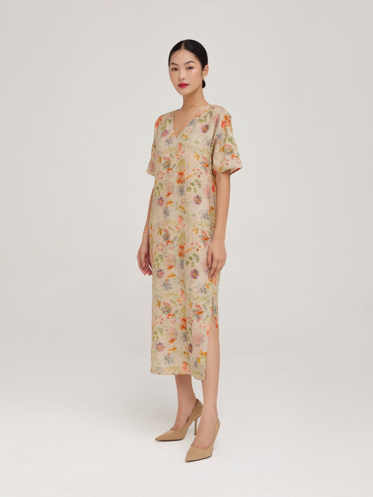  Đầm linen in hoa Mauve V dress 