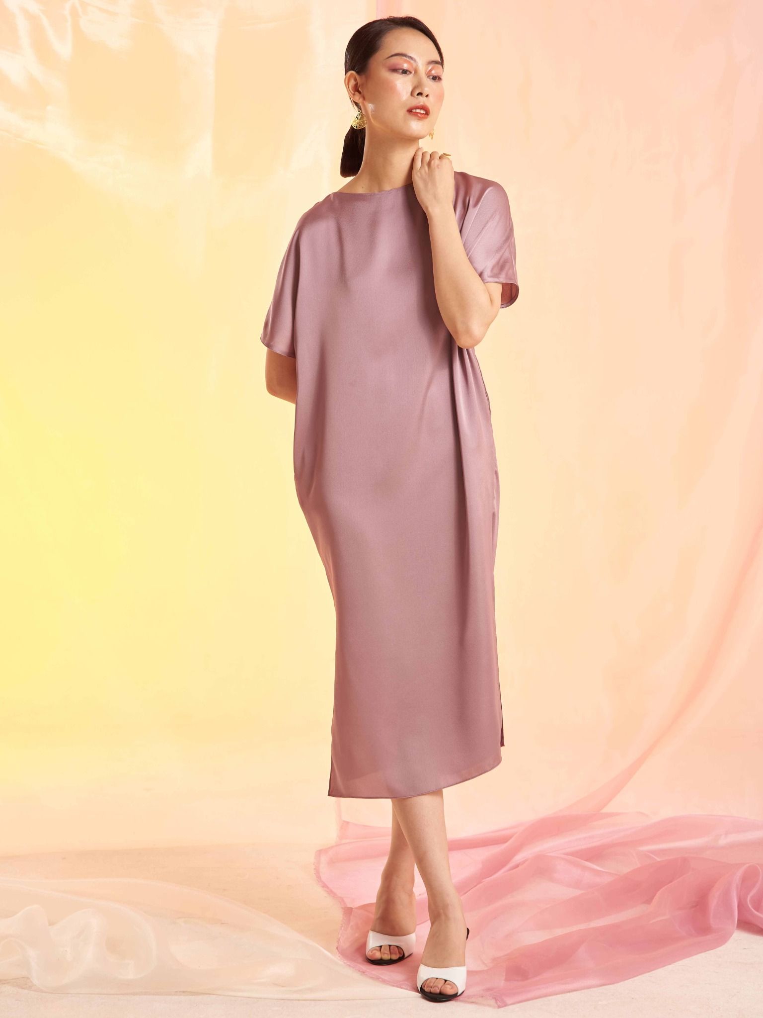  Đầm lụa cổ thuyền xẻ tà Mauve Signature dress 12 màu sắc 