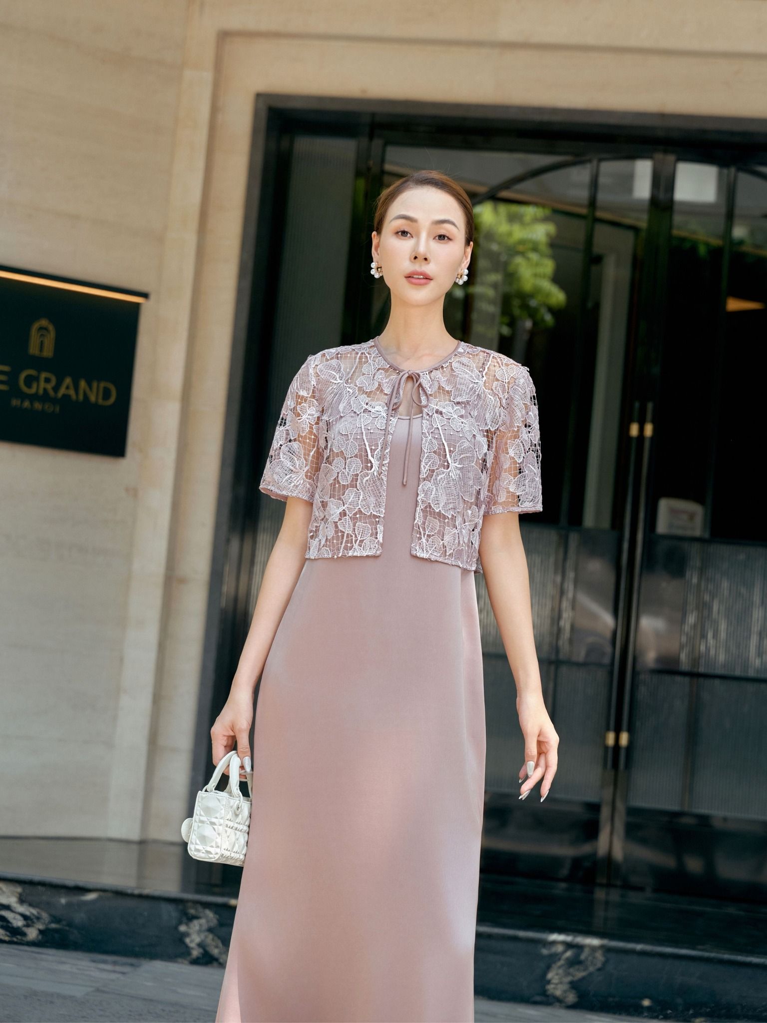  Set đầm lụa áo khoác ren Mauve Poem dress 