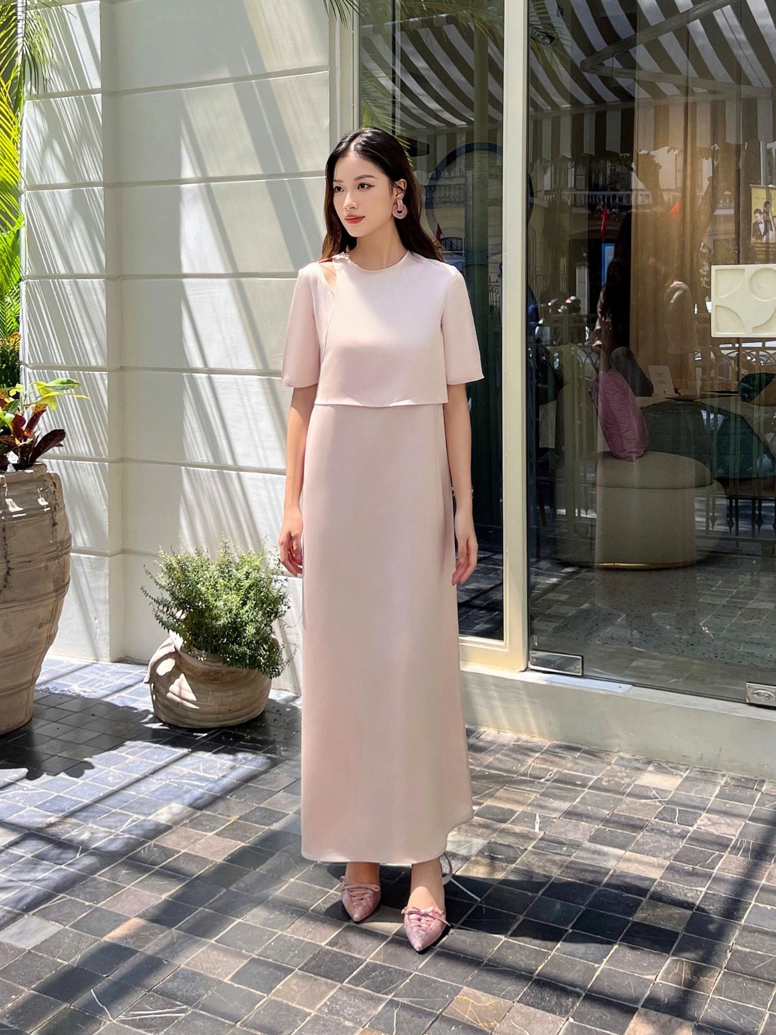  Đầm lụa dài cách điệu vai Mauve Layer dress 