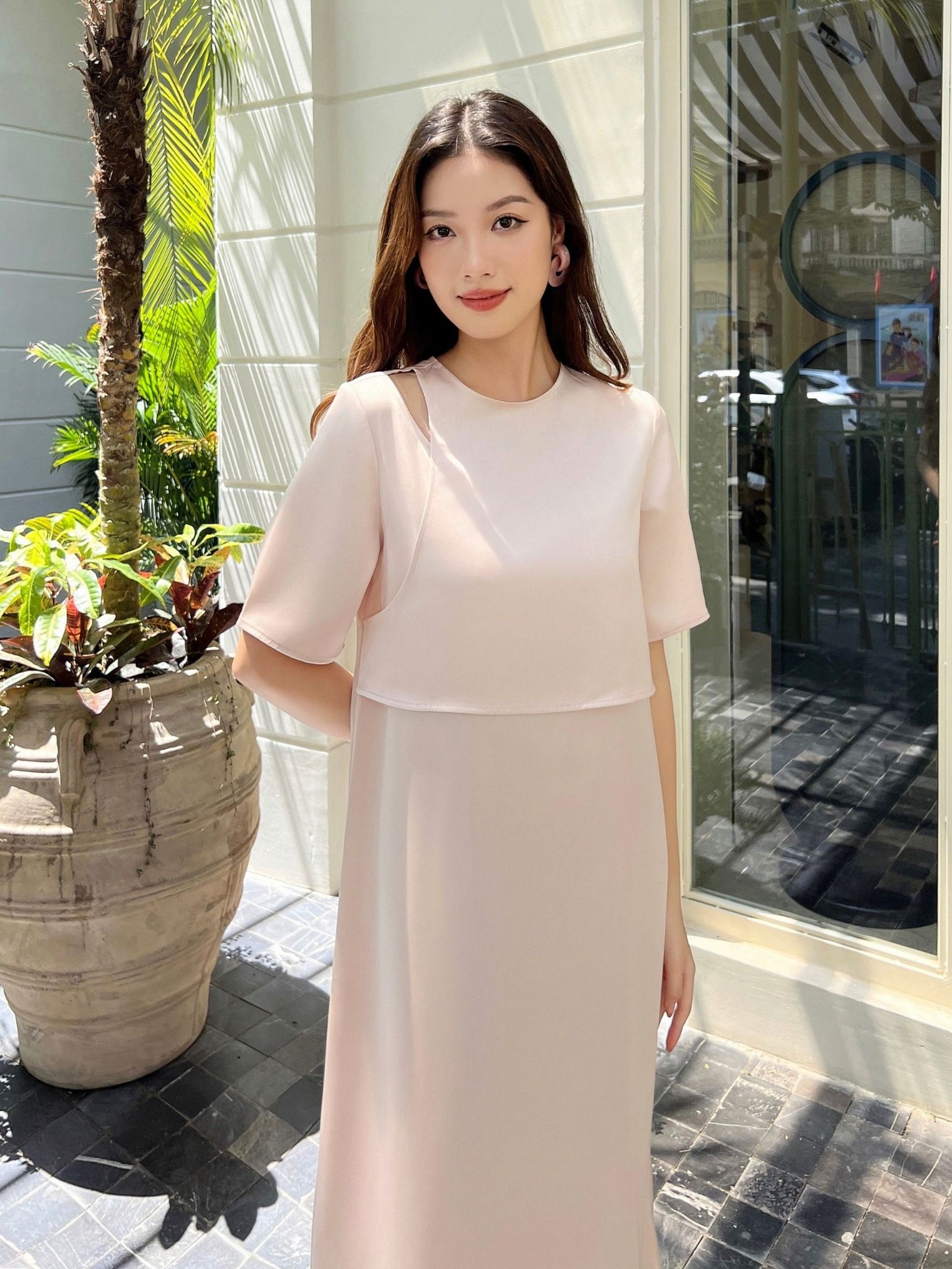  Đầm lụa dài cách điệu vai Mauve Layer dress 