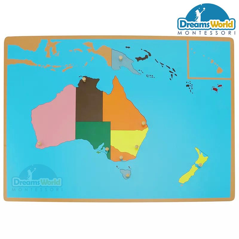 Bạn đang tìm kiếm một cách để giúp các em nhỏ của bạn học và khám phá Châu Úc? Dùng bản đồ ghép Montessori để giúp trẻ phát triển khả năng tư duy không gian, tăng cường kỹ năng định vị và vận động, và đồng thời khám phá nhiều thông tin về vị trí và địa lý của các quốc gia và vùng lãnh thổ trên bản đồ này.