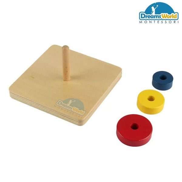  Giáo Cụ Montessori - Xếp ba đĩa từ lớn đến nhỏ trên 1 trục - Three Discs on a vertical Dowel-beech basic 