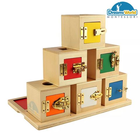  Giáo Cụ Montessori - Hộp 6 các chốt mở khóa - Lock Box with objects and tray ( Set of 6) 