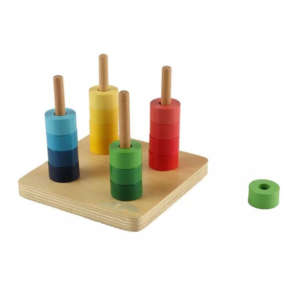  Giáo Cụ Montessori - Xếp vòng màu đậm/ nhạt dần vào cột thẳng đứng - Rainbow Discs on 4 Vertical Dowels 