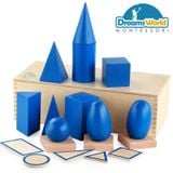  Giáo cụ Montessori - Khối hình học màu xanh các cấp - Geometric Solids with Stand, Bases, and Box 