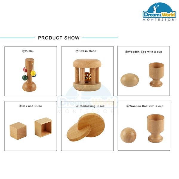  Giáo Cụ Montessori - Sét 6 đồ sơ sinh cơ bản - Exercise for infant and toddler montessori materials wooden 