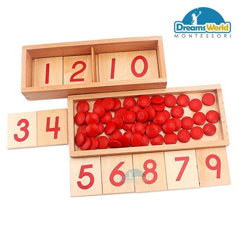  Giáo Cụ Montessori - Các thẻ số và hạt chấm đỏ - cut-out numeral and counters 