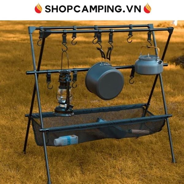  Giá treo đồ cắm trại gấp gọn 12 móc hợp kim nhôm, cây treo đồ dã ngoại có kệ lưới xếp gọn 